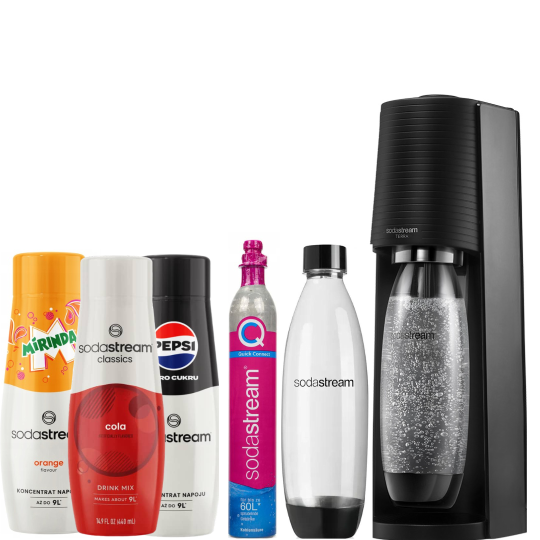 SodaStream Set Saturator Terra Black + 2 Fuse Bottles 1L+3 X Syrup