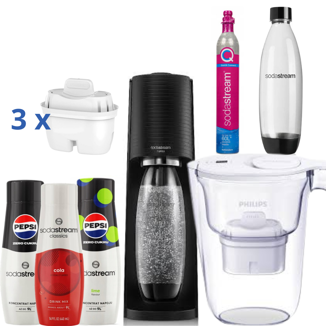 Water Filter Jug 2.6L White  + SodaStream Saturator+ 3 Syrups