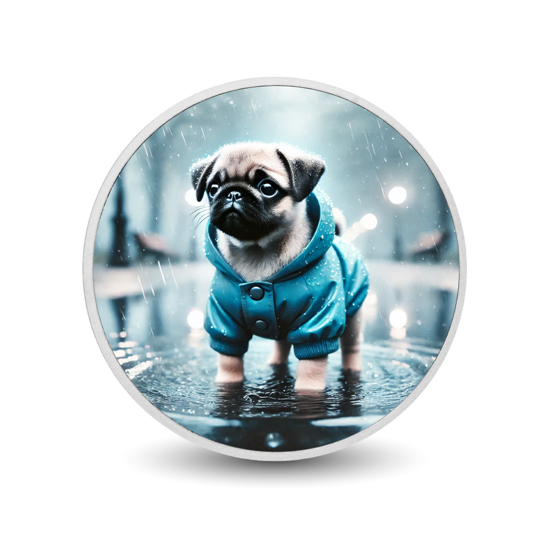 Image of  Midnight Showers: Pug in a Blue Raincoat 1oz Coin coin