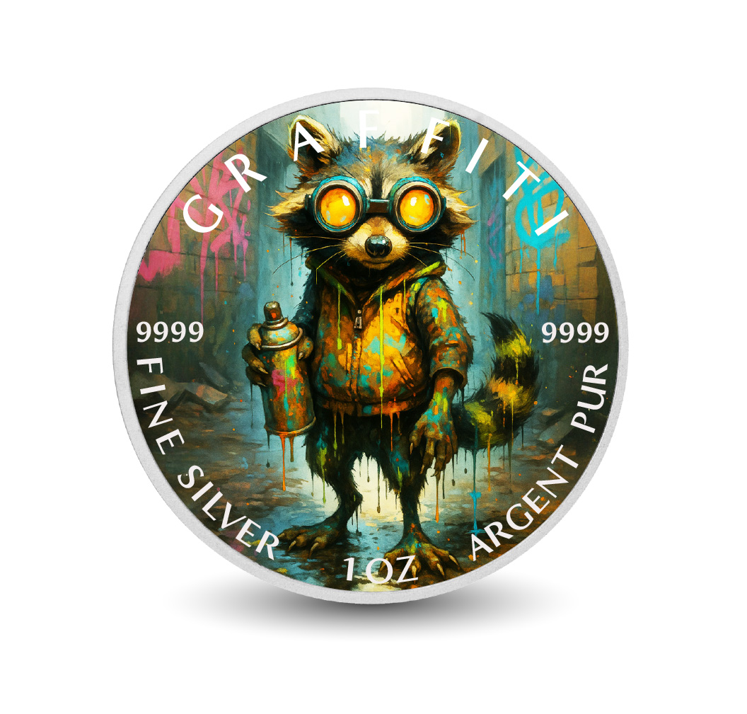 Image of  Urban Bandit The Graffiti Raccoon 1oz Fine Silver Coloured Coin coin