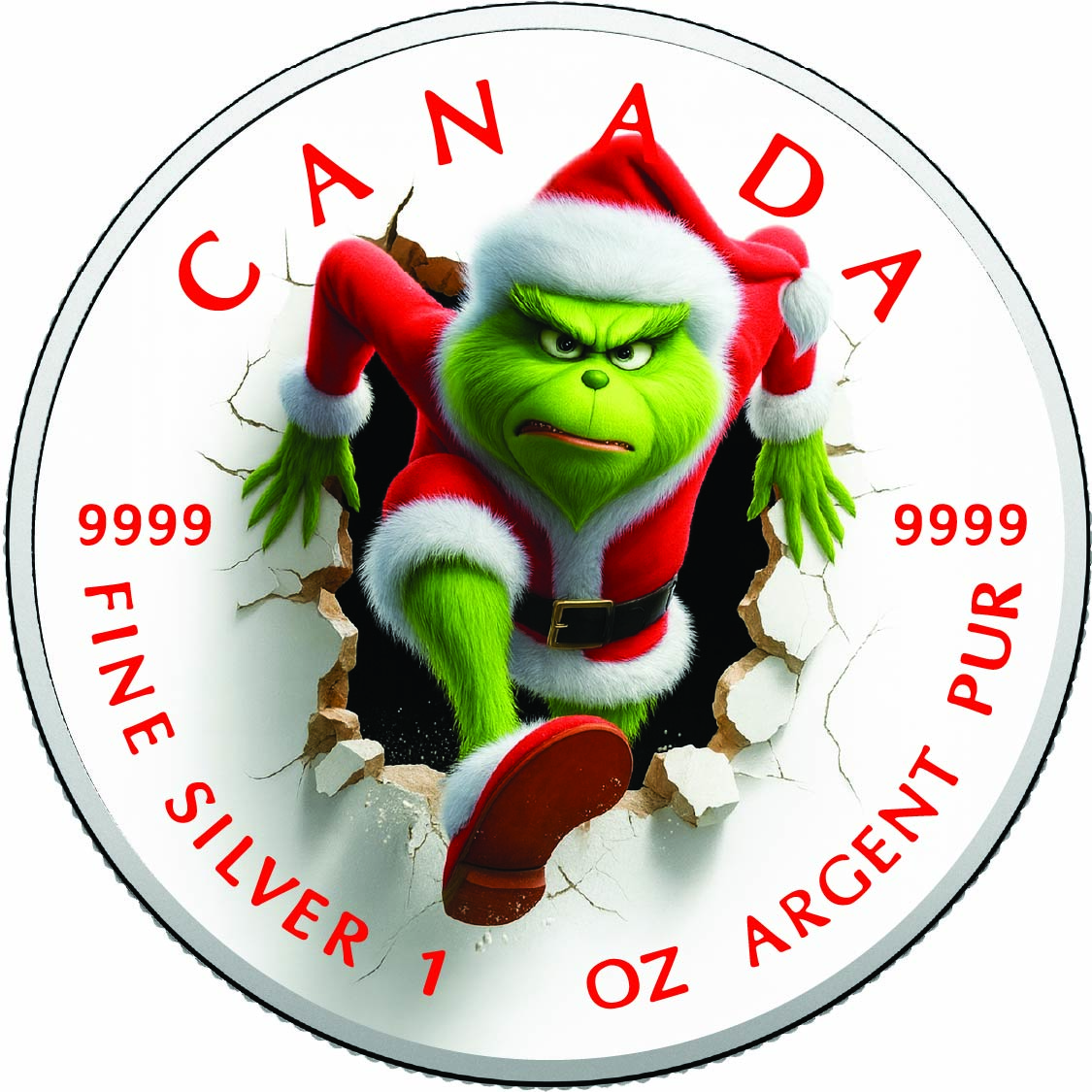 Image of  2026 Canada 1oz 9999 Silver BU The Grinch Breaks In for Christmas! Colourized coin