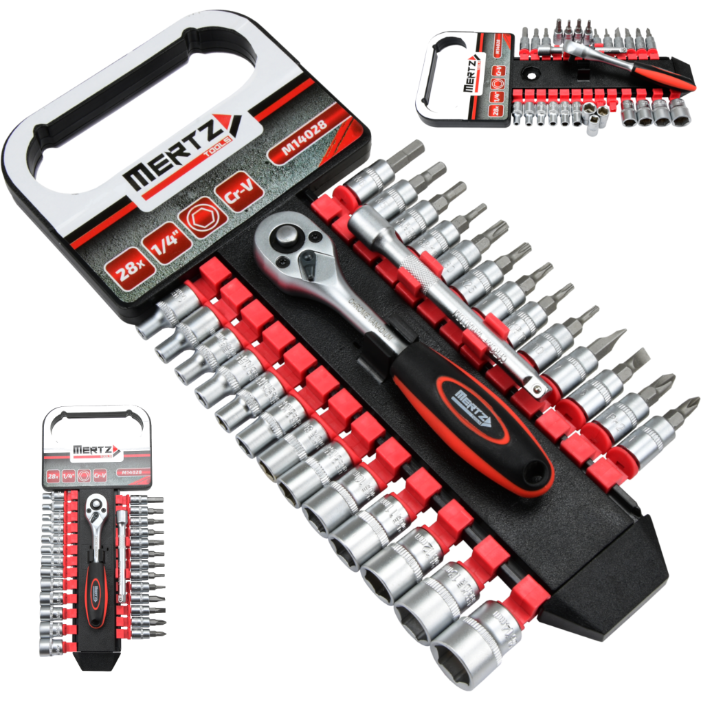 Zestaw grzechotka Mertz klucze nasadowe bity 1/4" przedłużka 28szt M14028