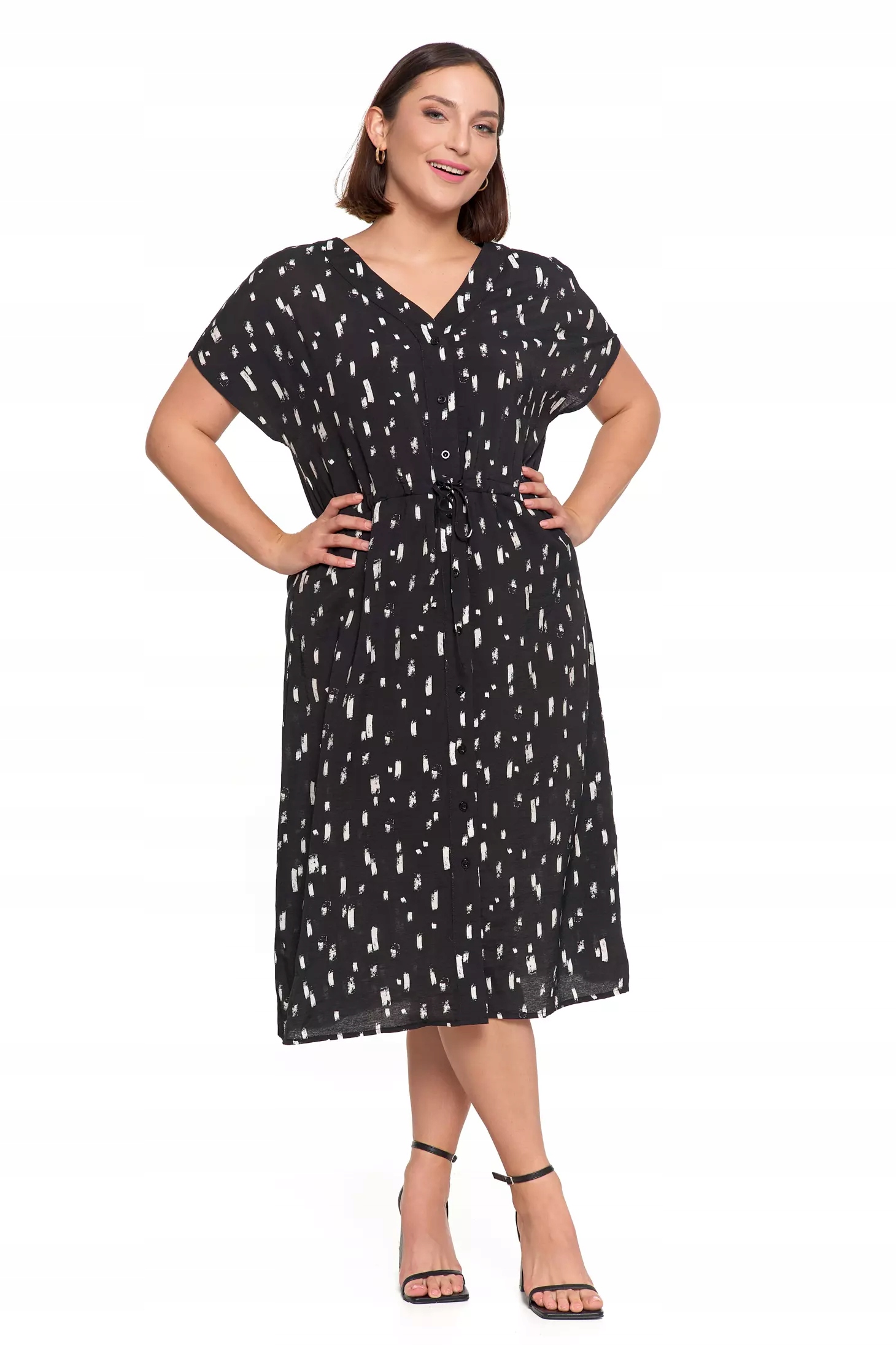 Sukienka Damska Midi Wiskozowa Wzorzysta Elegancka na Lato CZARNA MORAJ S