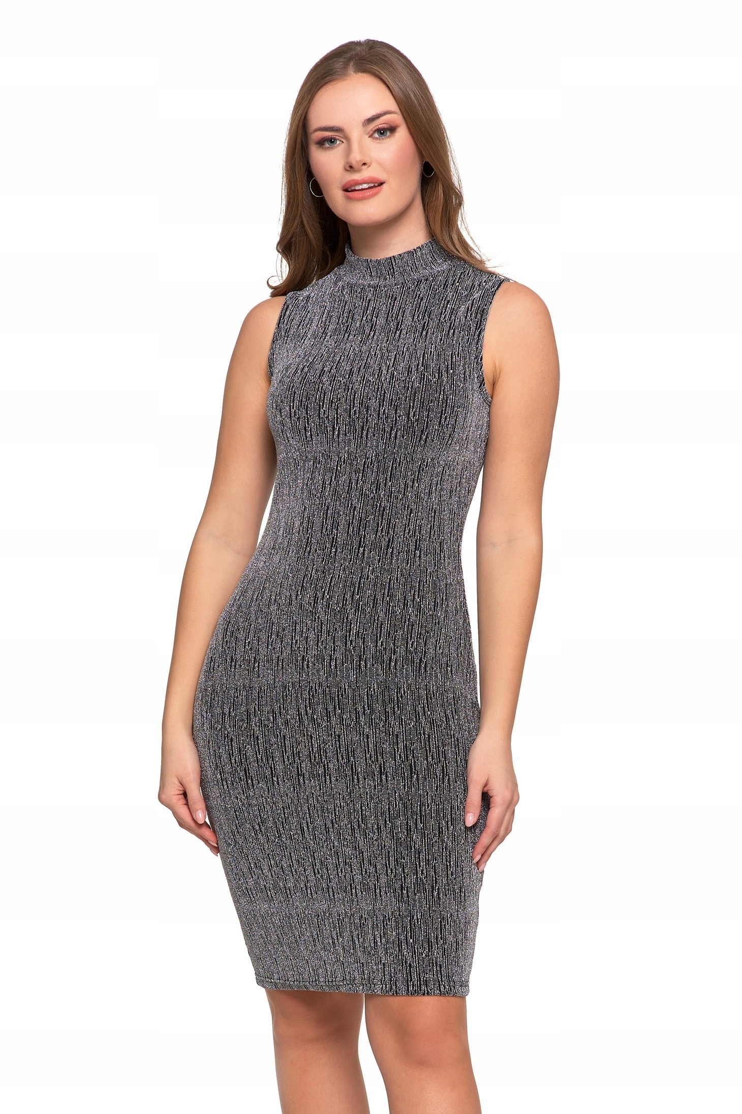 SUKIENKA DAMSKA MIDI BEZ RĘKAWÓW KOKTAJLOWA Z POŁYSKIEM DOPASOWANA MORAJ S