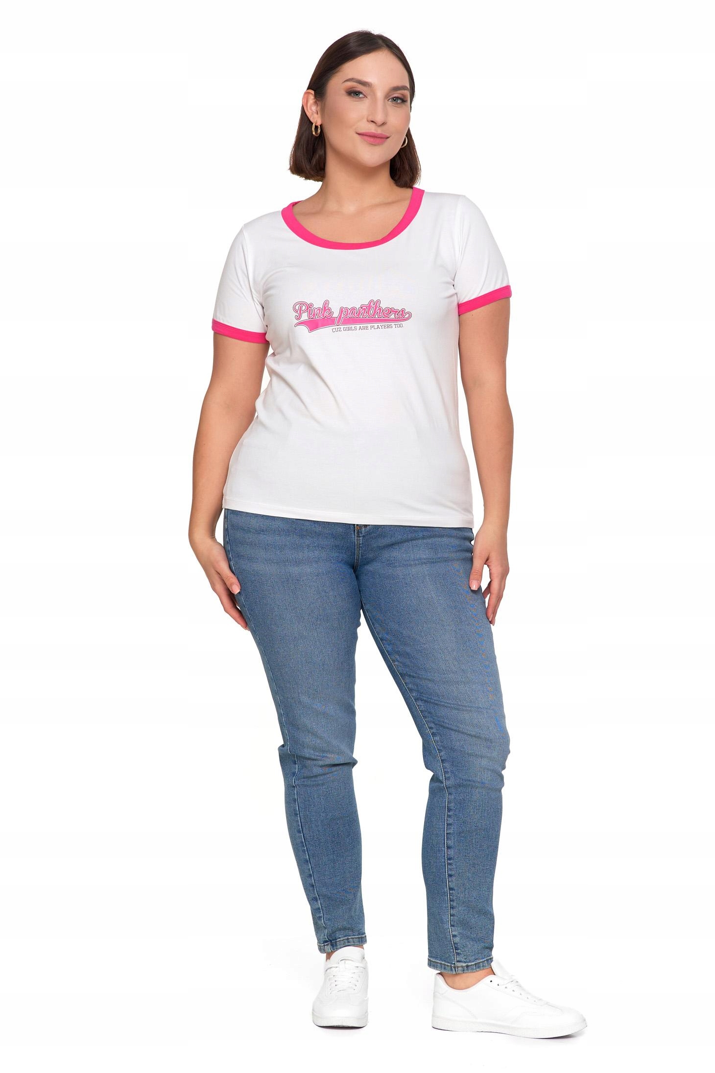 T-shirt Koszulka Damska Bawełna Slim Fit z Napisami Biło-Różowy MORAJ - S