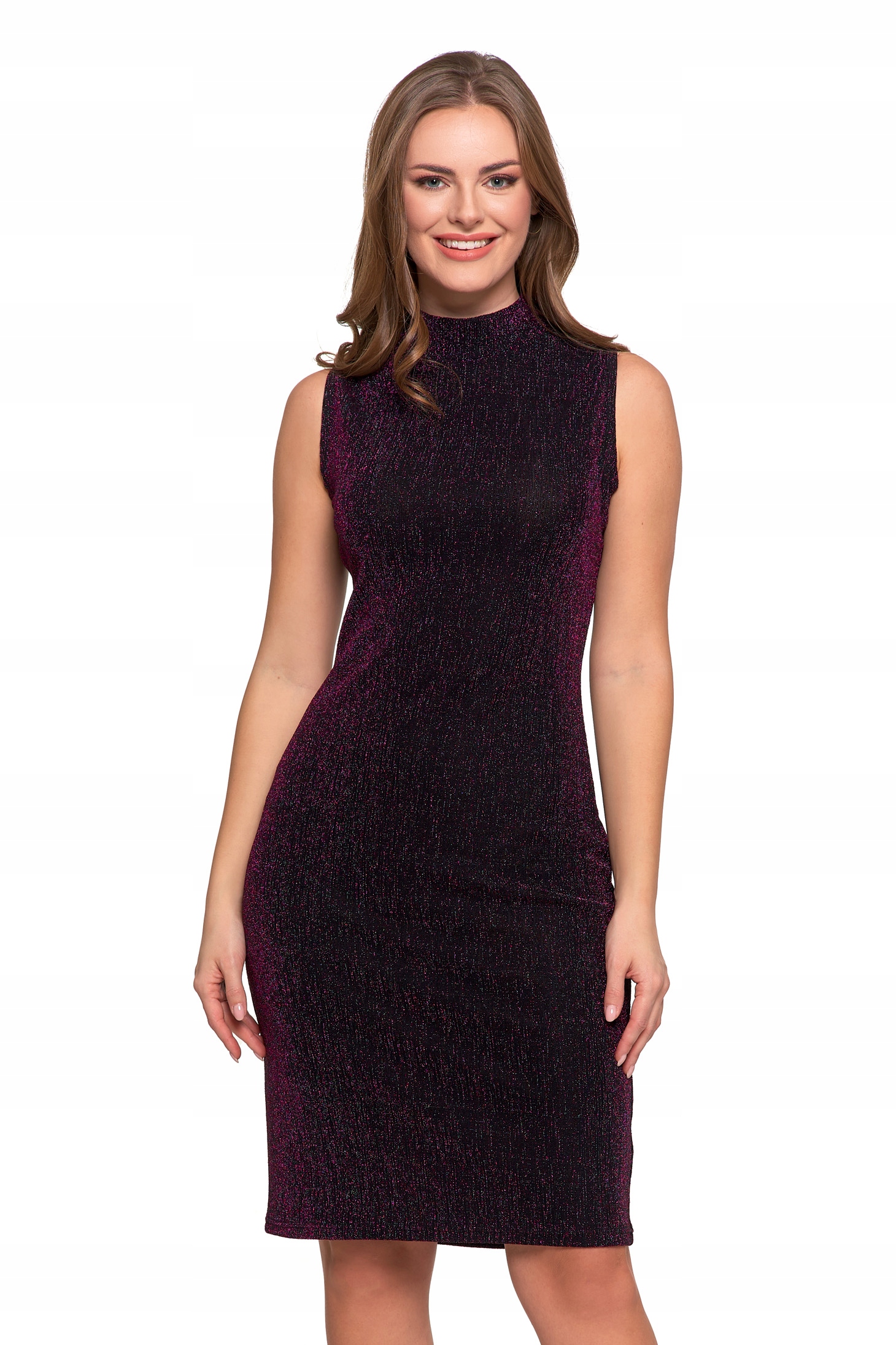 SUKIENKA DAMSKA MIDI BEZ RĘKAWÓW KOKTAJLOWA Z POŁYSKIEM DOPASOWANA MORAJ M