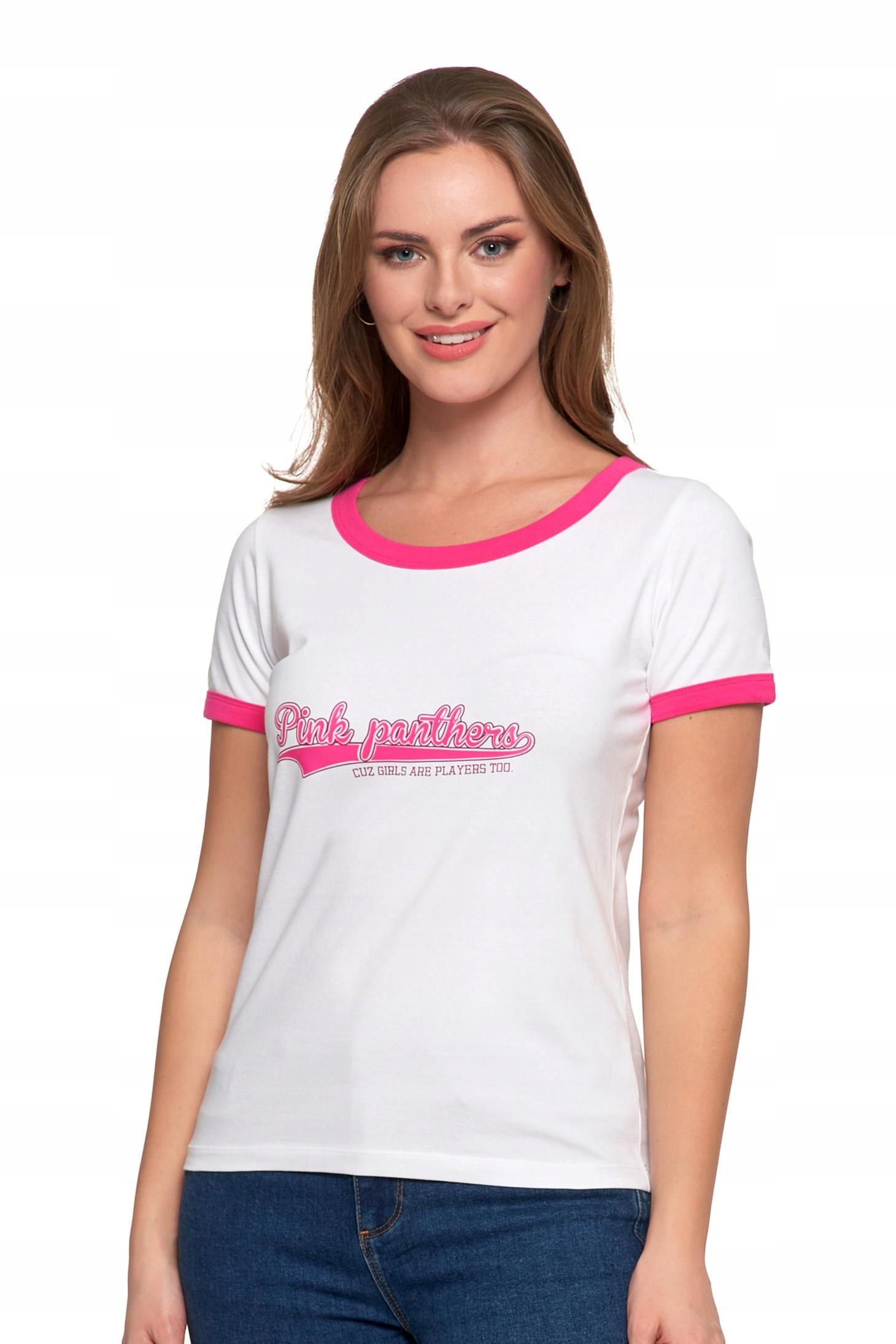 T-shirt Koszulka Damska Bawełna Slim Fit z Napisami Biło-Różowy MORAJ - XXL