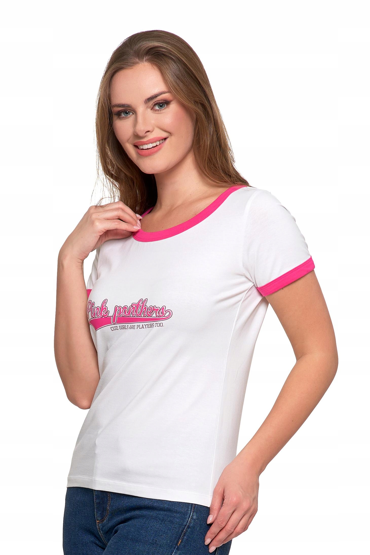 T-shirt Koszulka Damska Bawełna Slim Fit z Napisami Biło-Różowy MORAJ - S