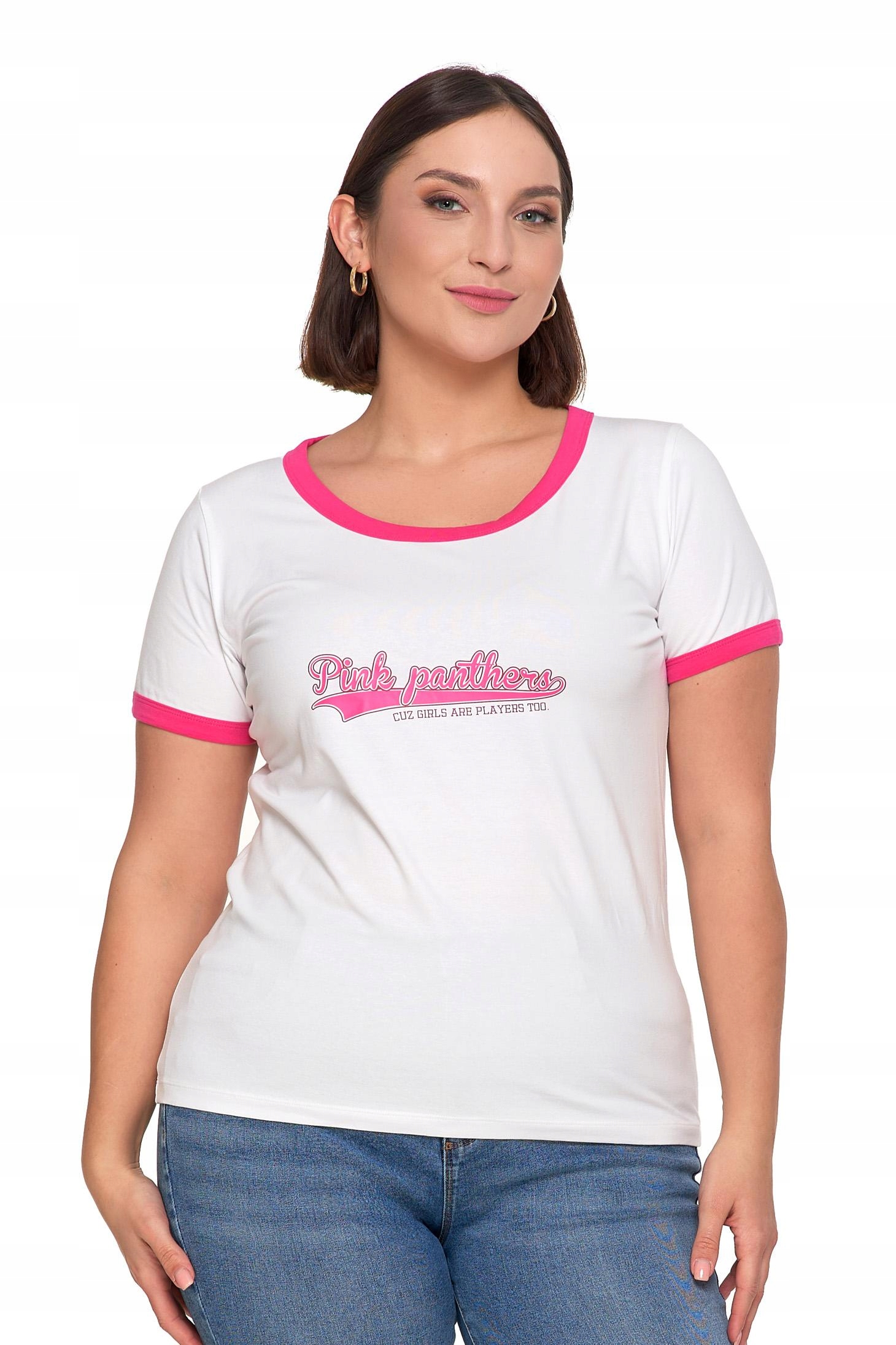 T-shirt Koszulka Damska Bawełna Slim Fit z Napisami Biło-Różowy MORAJ - XXL