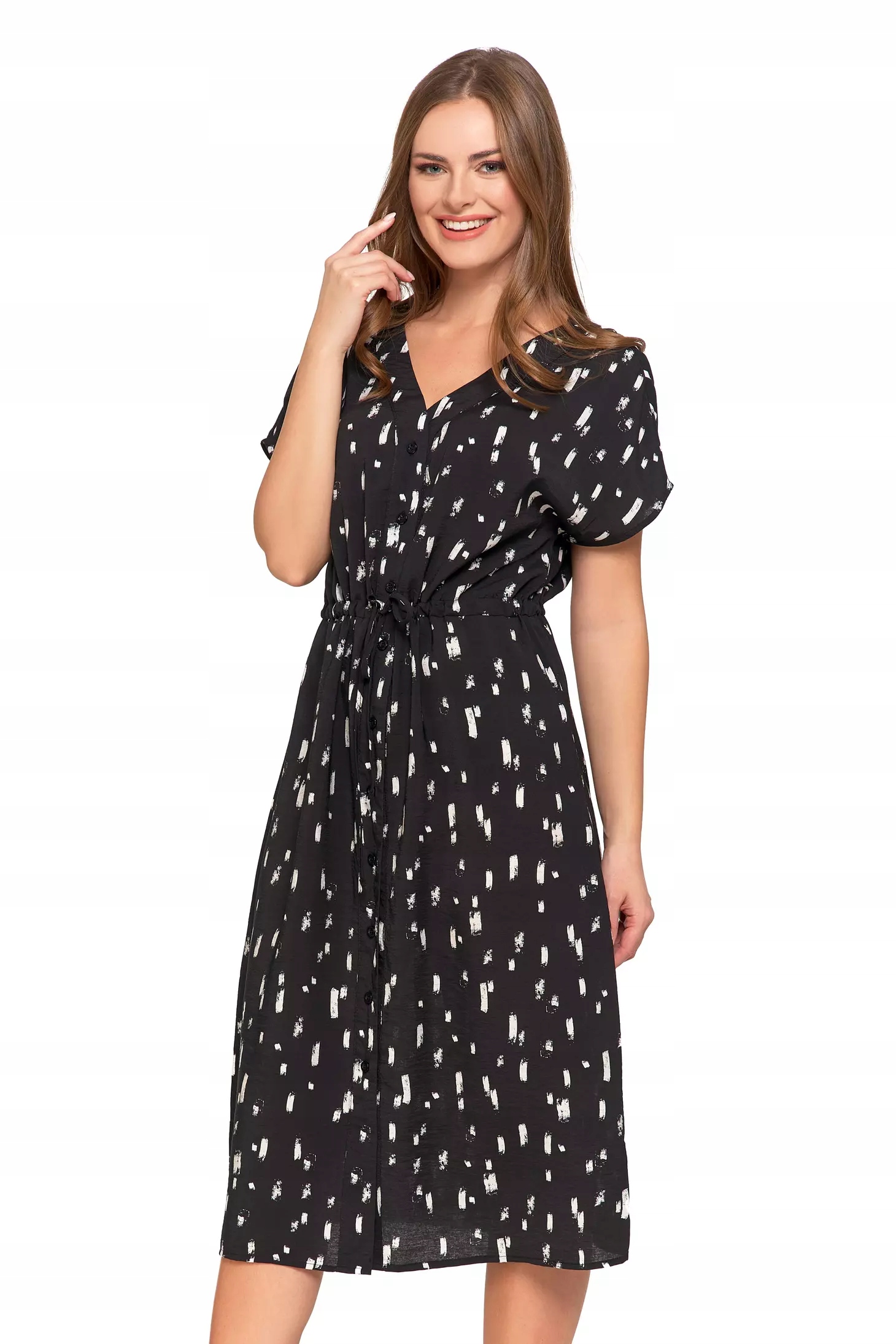 Sukienka Damska Midi Wiskozowa Wzorzysta Elegancka na Lato CZARNA MORAJ S