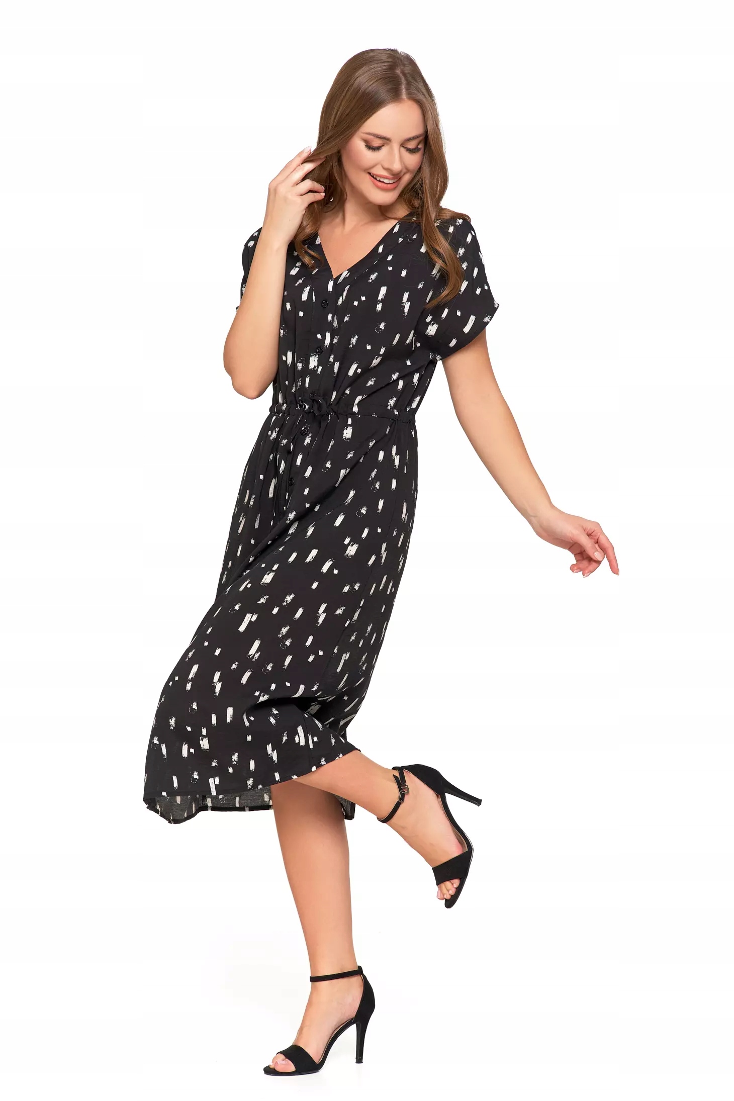 Sukienka Damska Midi Wiskozowa Wzorzysta Elegancka na Lato CZARNA MORAJ S