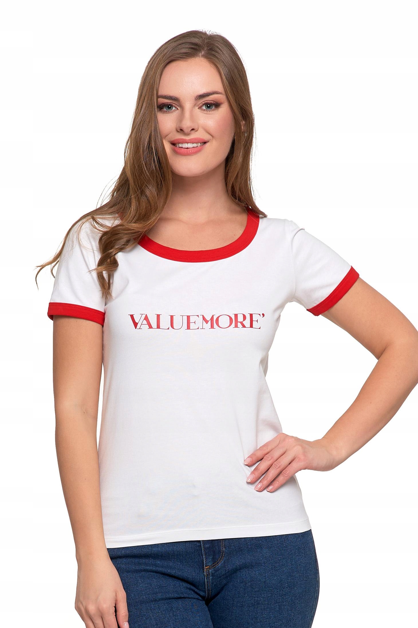 T-shirt Koszulka Damska Bawełna Slim Fit z Napisami Biło-Czerwona MORAJ - S