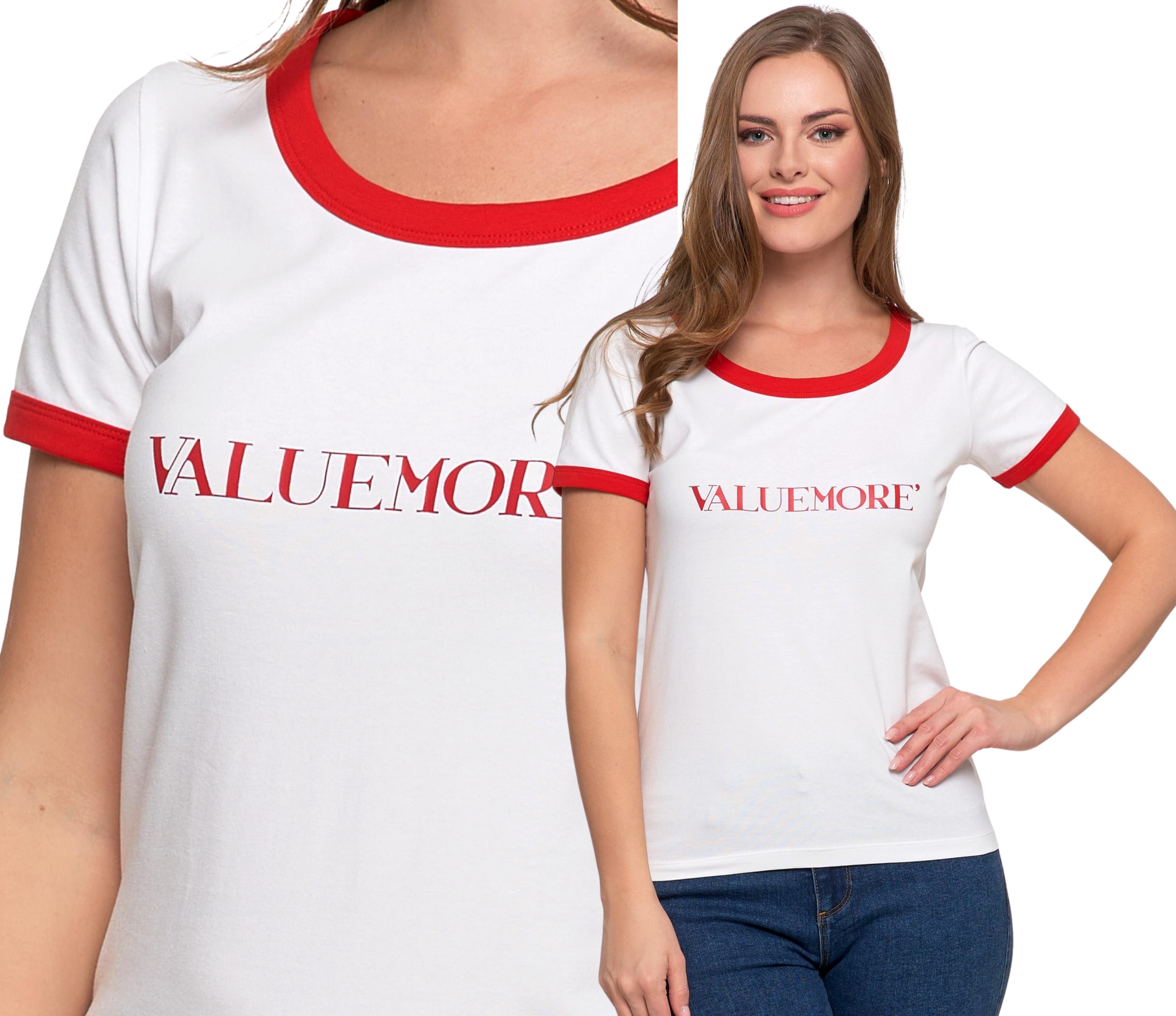 T-shirt Koszulka Damska Bawełna Slim Fit z Napisami Biło-Czerwona MORAJ - S