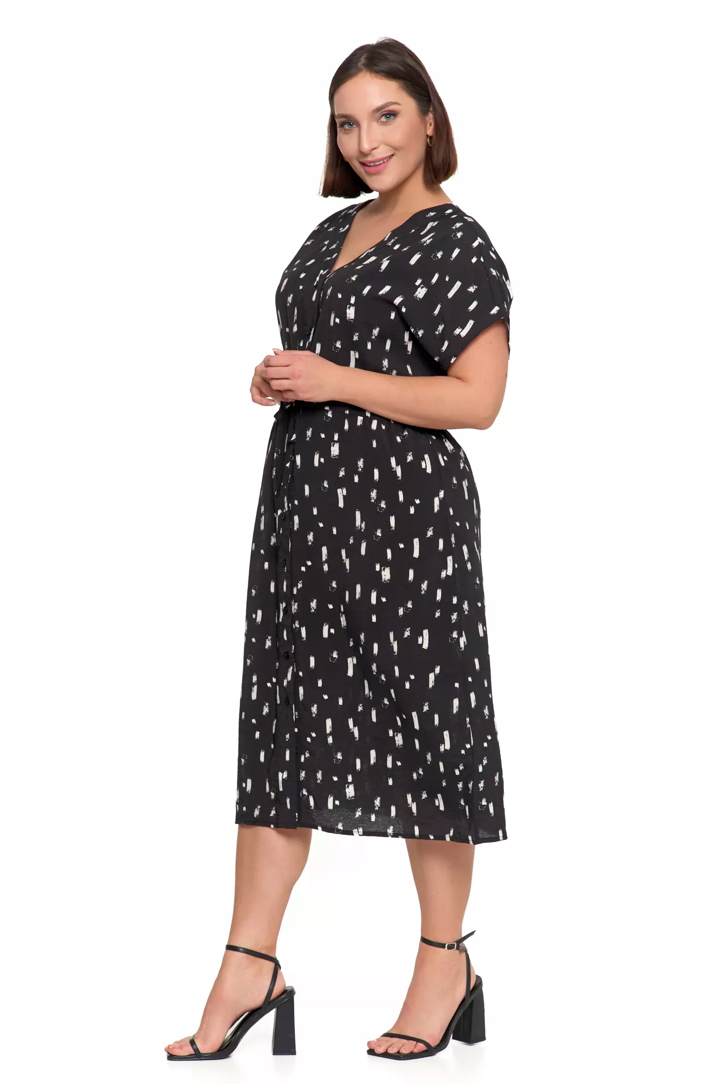 Sukienka Damska Midi Wiskozowa Wzorzysta Elegancka na Lato CZARNA MORAJ S