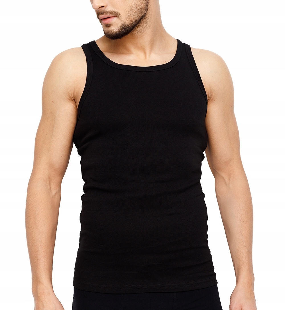 PODKOSZULKA KOSZULKA MĘSKA 100% BAWEŁNA PRĄŻKOWANA CZARNA OKRĄGŁY - 4XL