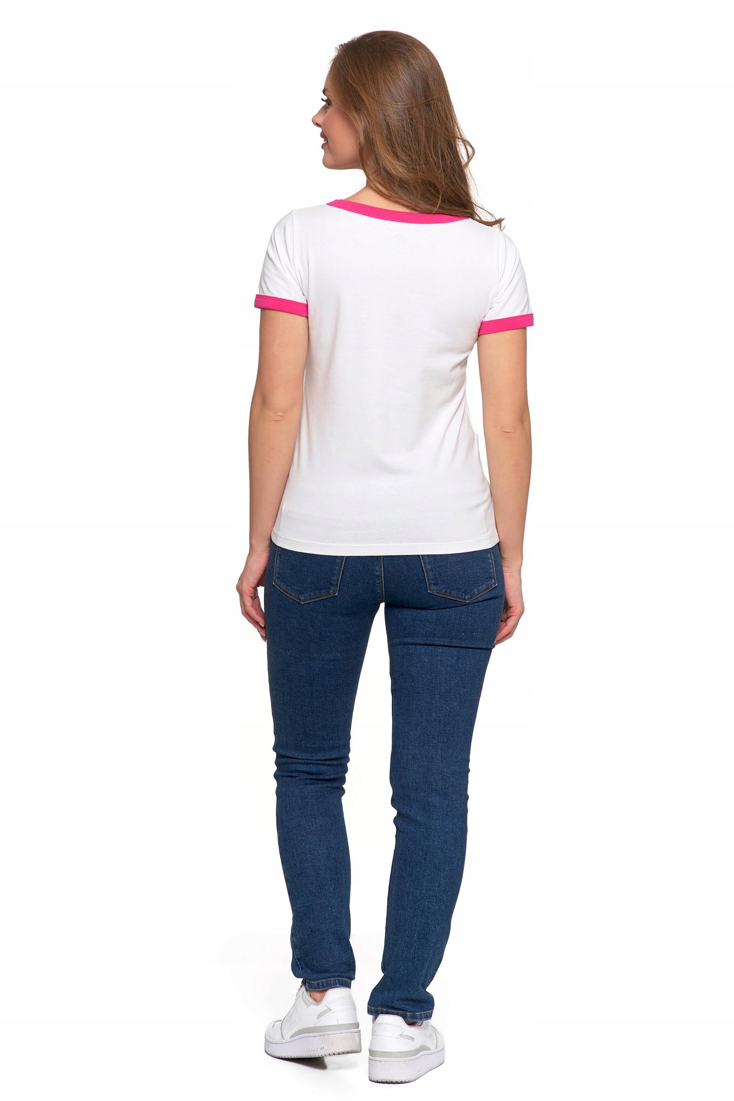 T-shirt Koszulka Damska Bawełna Slim Fit z Napisami Biło-Różowy MORAJ - XXL