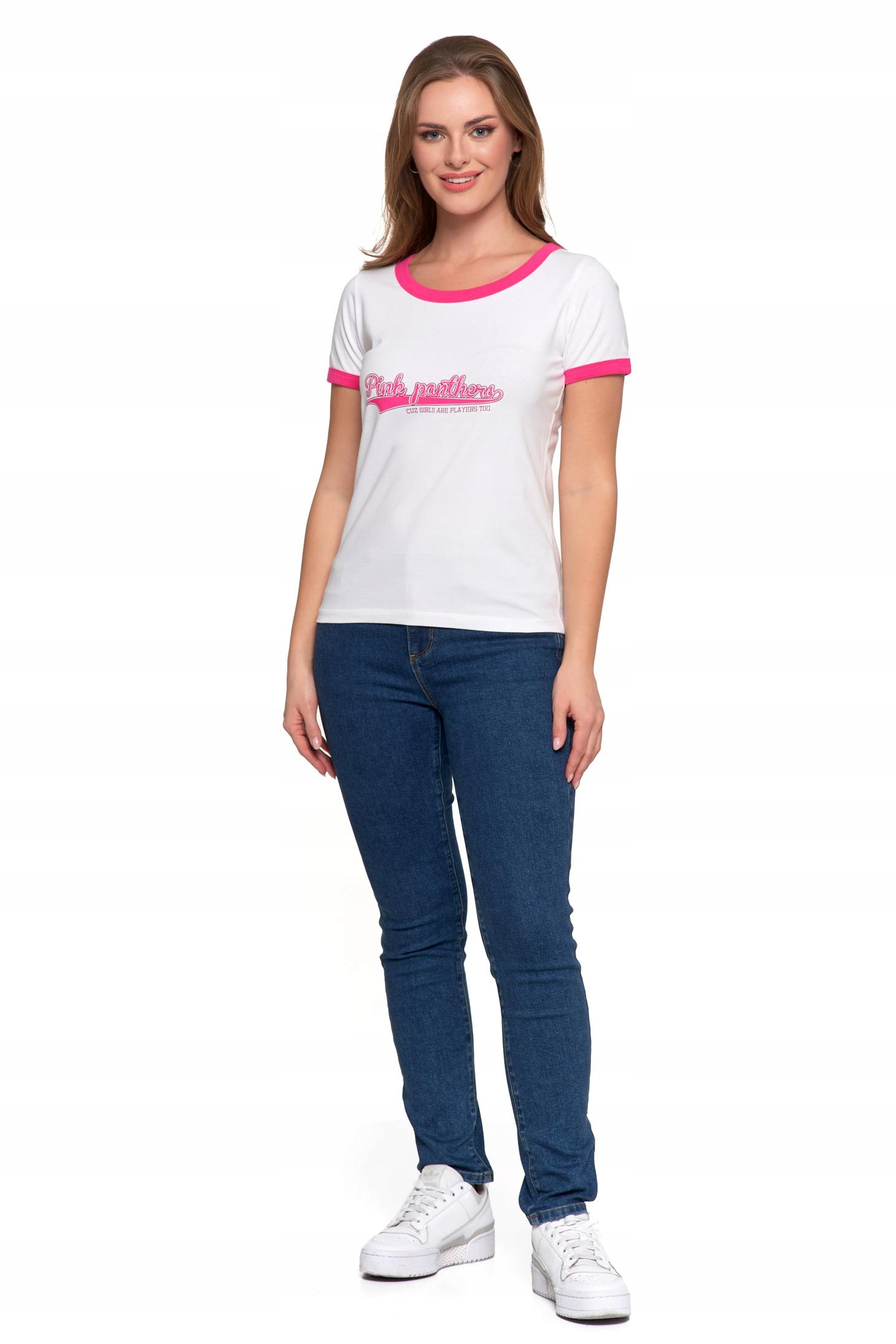 T-shirt Koszulka Damska Bawełna Slim Fit z Napisami Biło-Różowy MORAJ - S