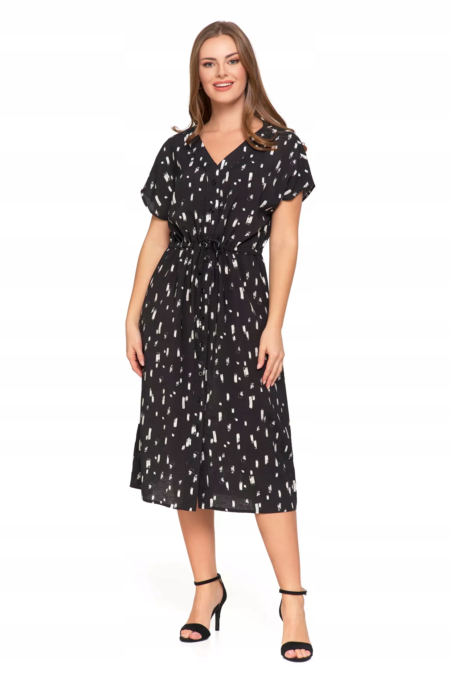 Sukienka Damska Midi Wiskozowa Wzorzysta Elegancka na Lato CZARNA MORAJ S
