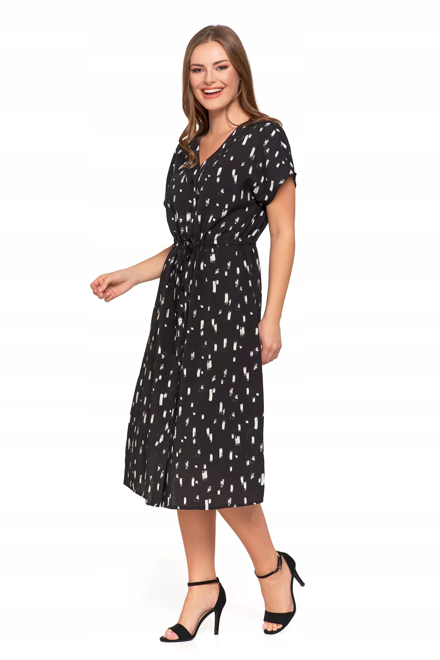 Sukienka Damska Midi Wiskozowa Wzorzysta Elegancka na Lato CZARNA MORAJ S