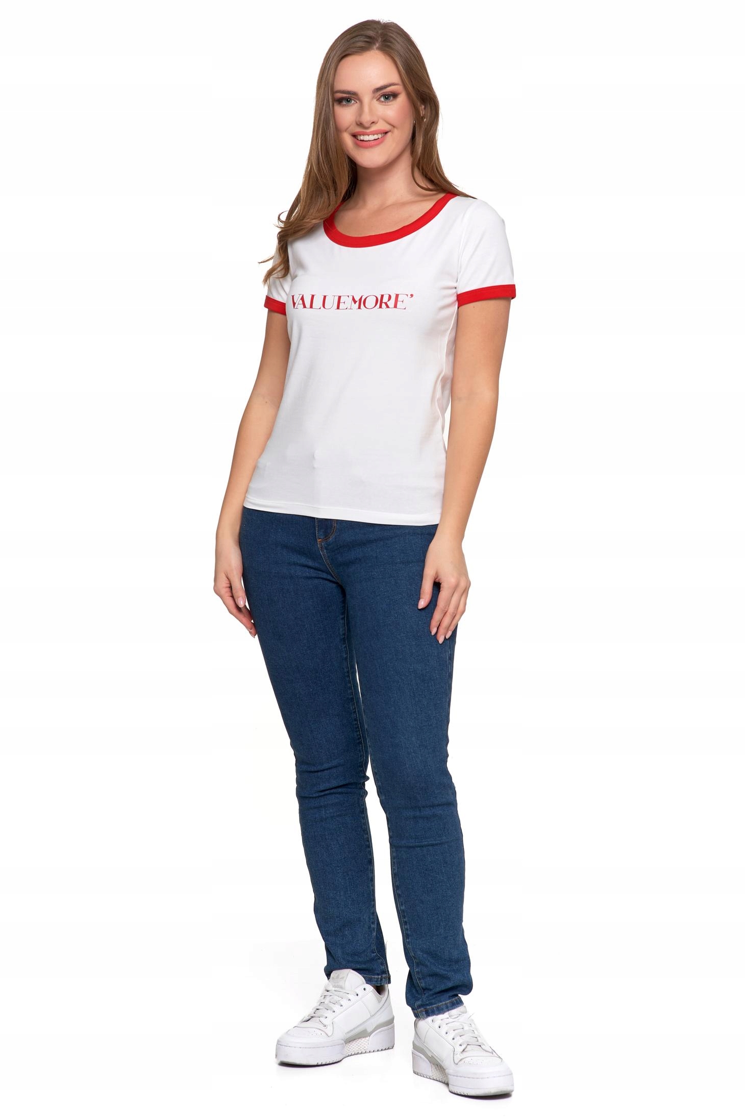 T-shirt Koszulka Damska Bawełna Slim Fit z Napisami Biło-Czerwona MORAJ - S