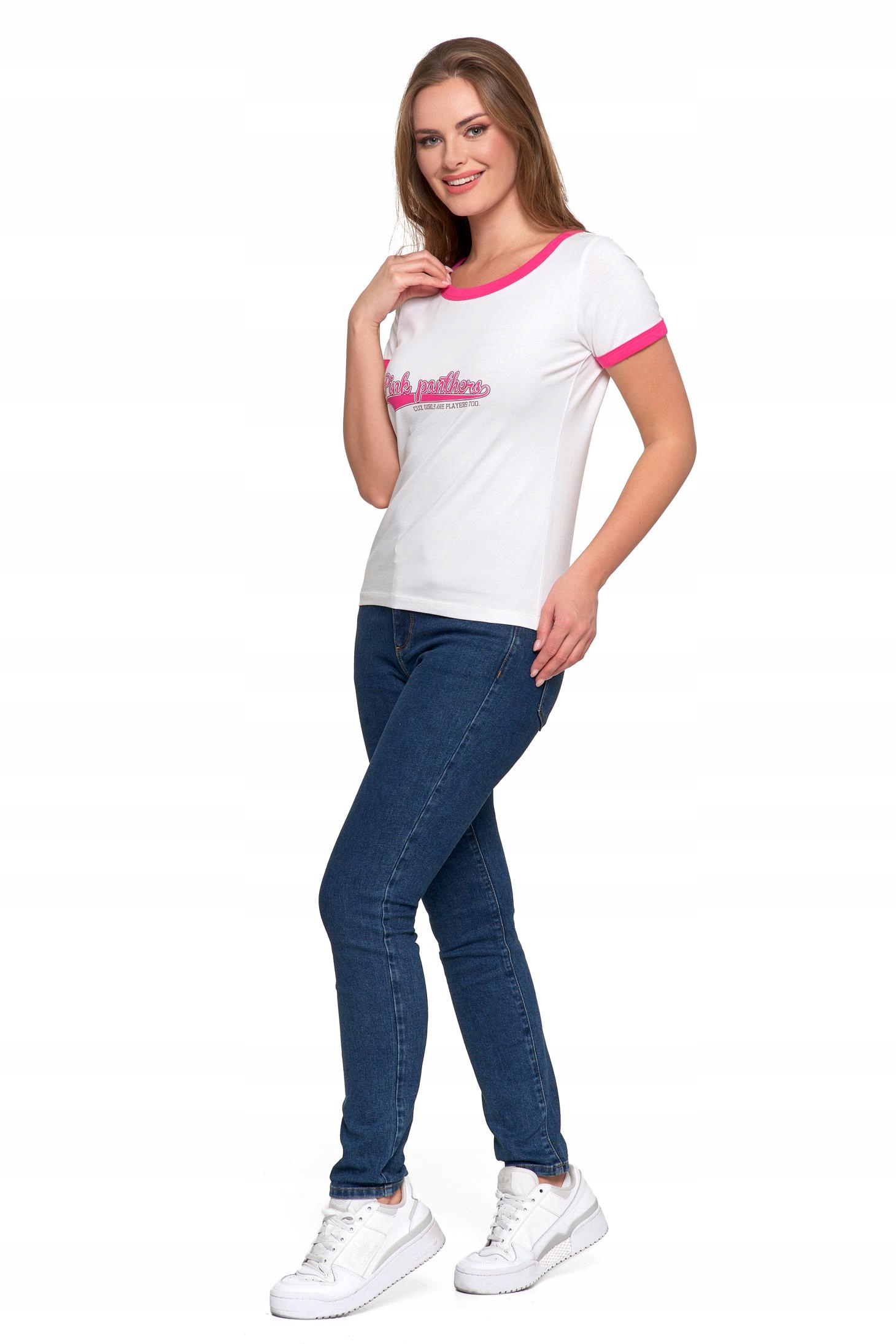 T-shirt Koszulka Damska Bawełna Slim Fit z Napisami Biło-Różowy MORAJ - S