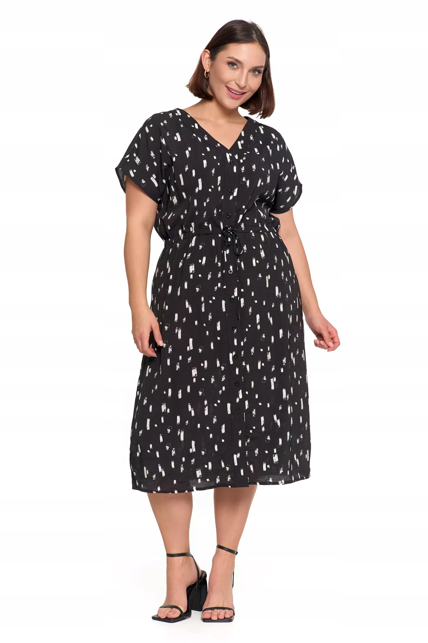 Sukienka Damska Midi Wiskozowa Wzorzysta Elegancka na Lato CZARNA MORAJ S
