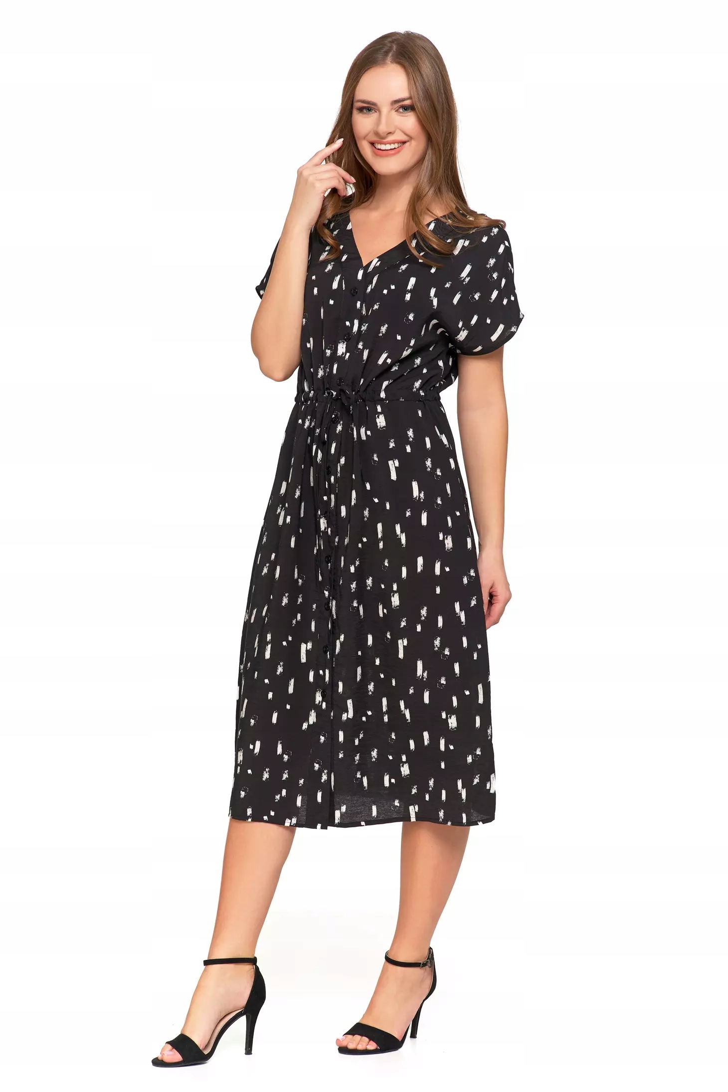 Sukienka Damska Midi Wiskozowa Wzorzysta Elegancka na Lato CZARNA MORAJ S