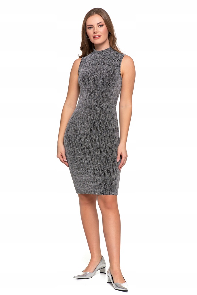 SUKIENKA DAMSKA MIDI BEZ RĘKAWÓW KOKTAJLOWA Z POŁYSKIEM DOPASOWANA MORAJ S