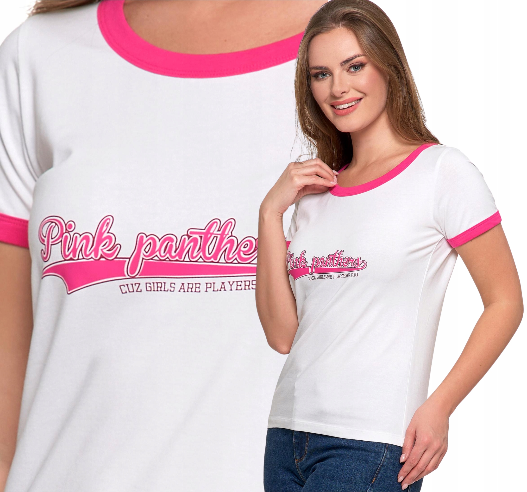 T-shirt Koszulka Damska Bawełna Slim Fit z Napisami Biło-Różowy MORAJ - XXL