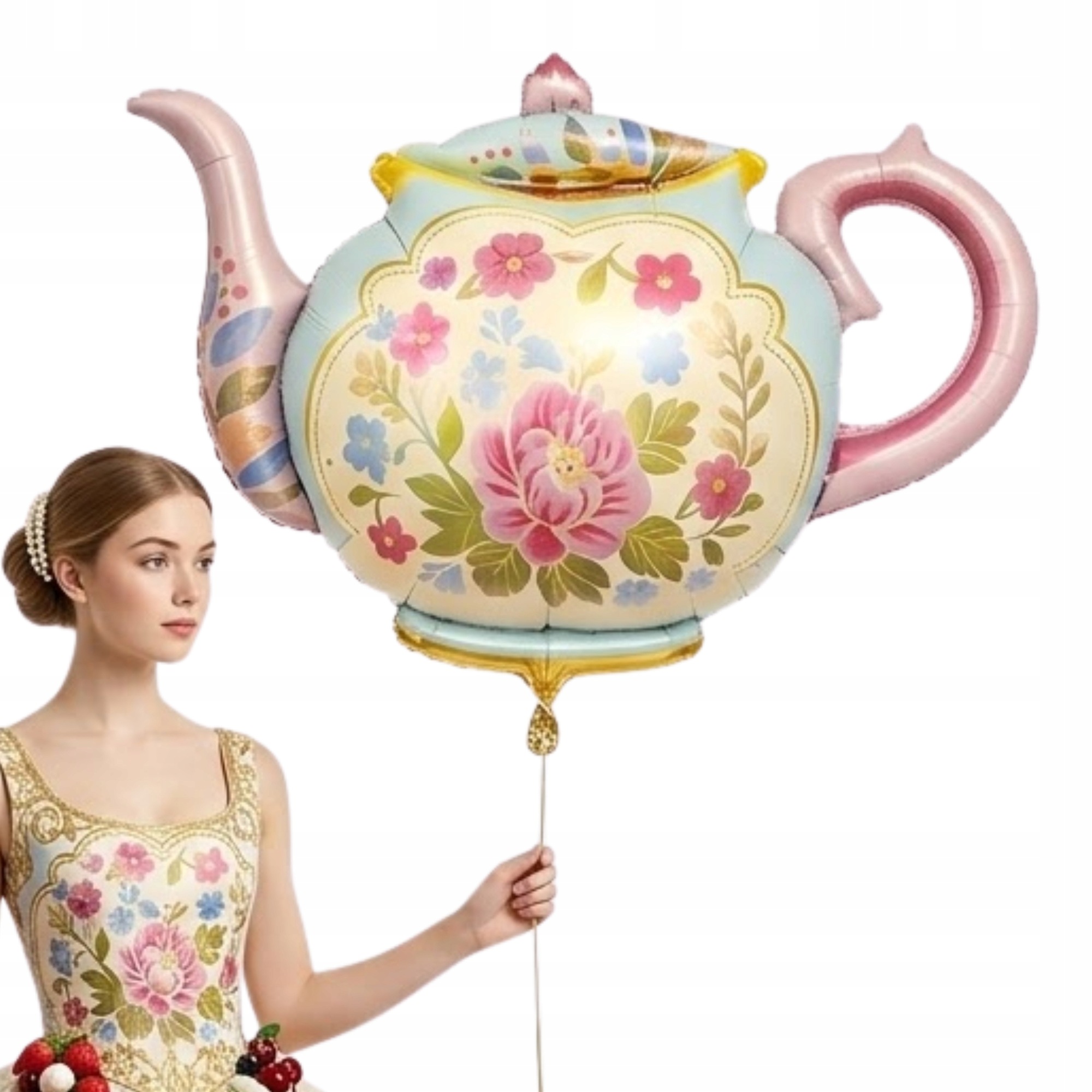 Balon Foliowy Czajnik Imbryk Kwiaty 87cm Vintage Tea Party Garden Elegancki