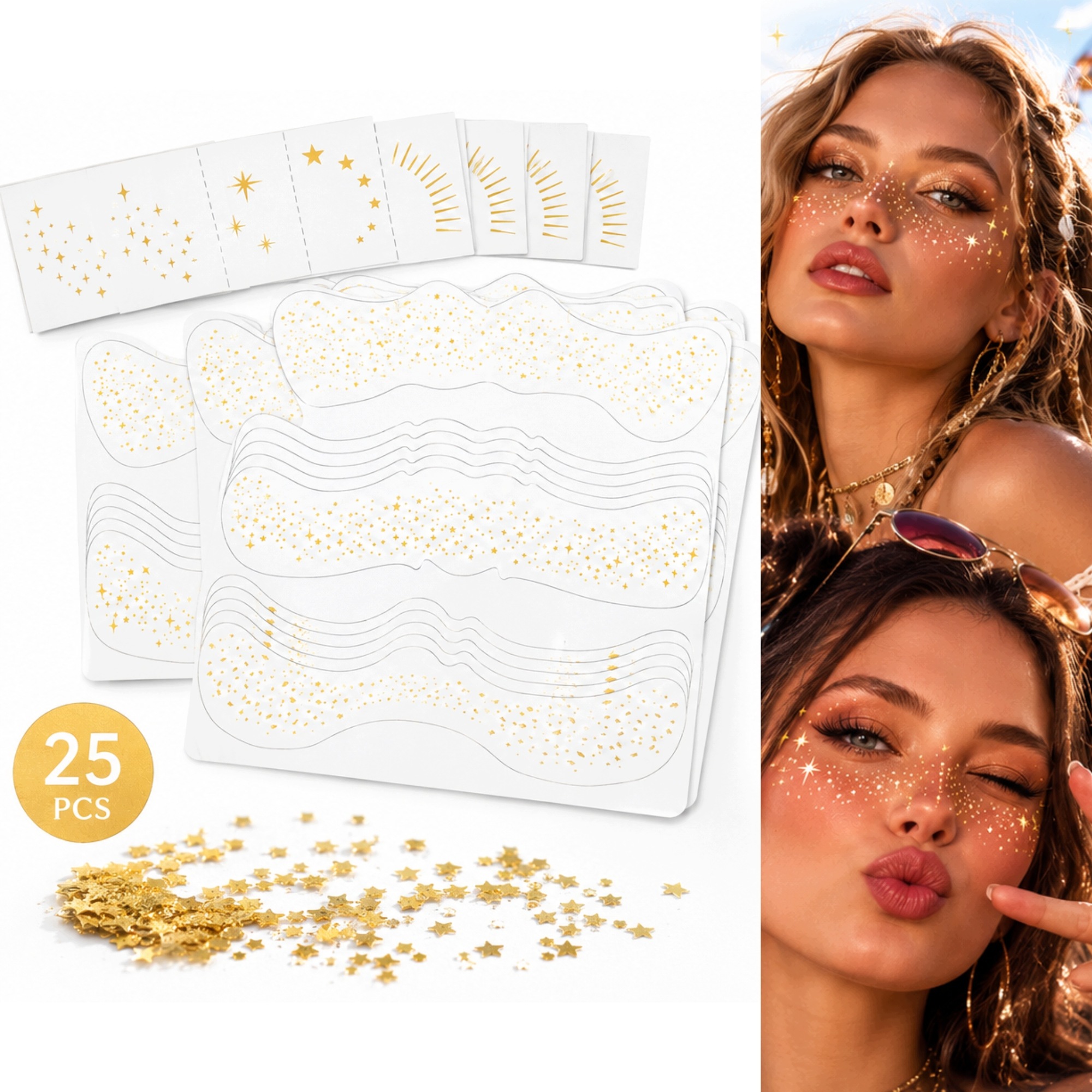 Tatuaże Piegi Złote Brokatowe 25 Szt Gwiazdki Make Up Festiwalowe Na Twarz