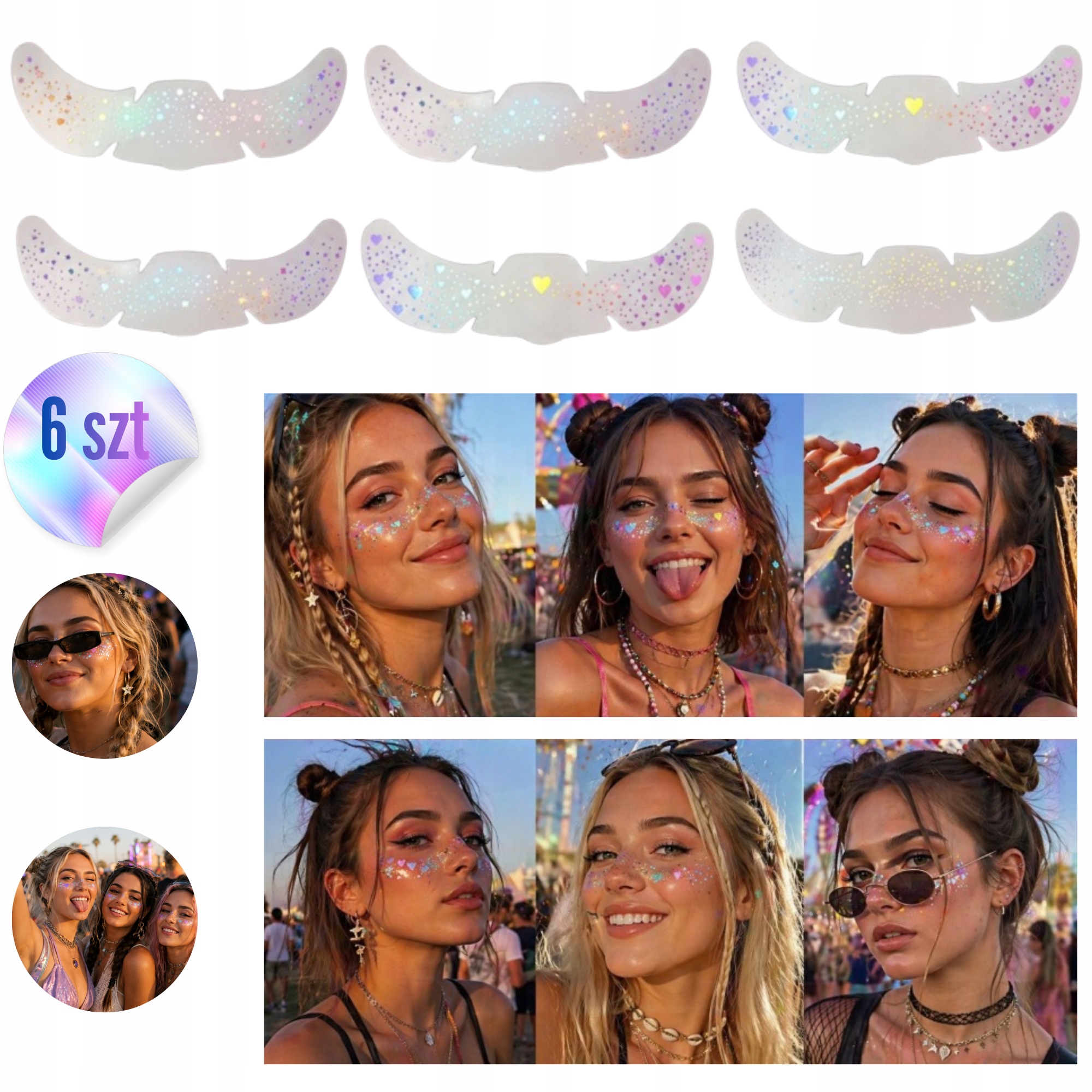 Holograficzne Tatuaż Piegi Brokatowe 6 Sztuk Holo Make Up Festiwalowe