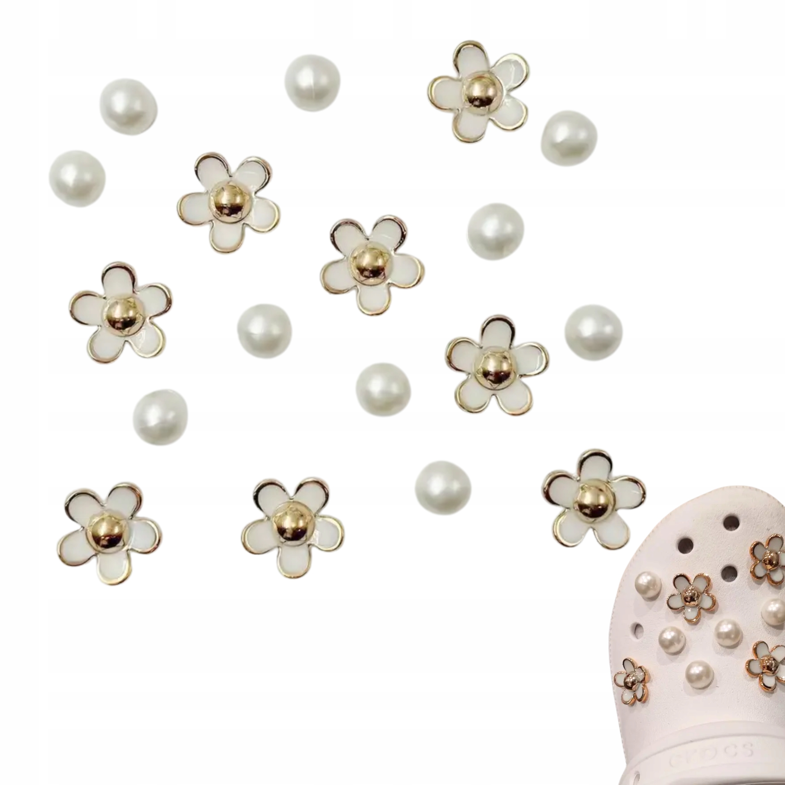 Przypinki do butów crocs 12 SZTUK PINY glamour perły kwiaty BŁYSZCZĄCE