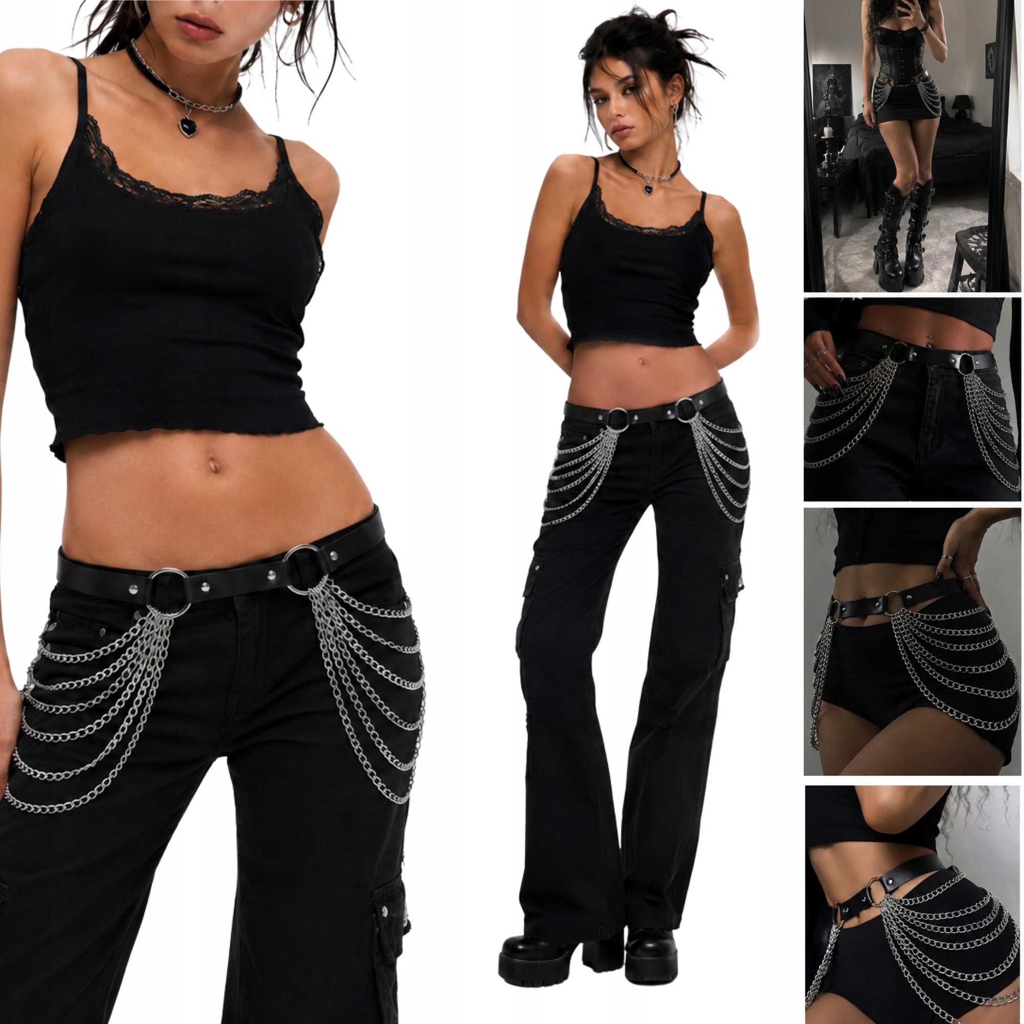 Pasek Ozdobny Z Łańcuchami - Y2k Gothic Alternative Festiwalowy Punk 105 CM
