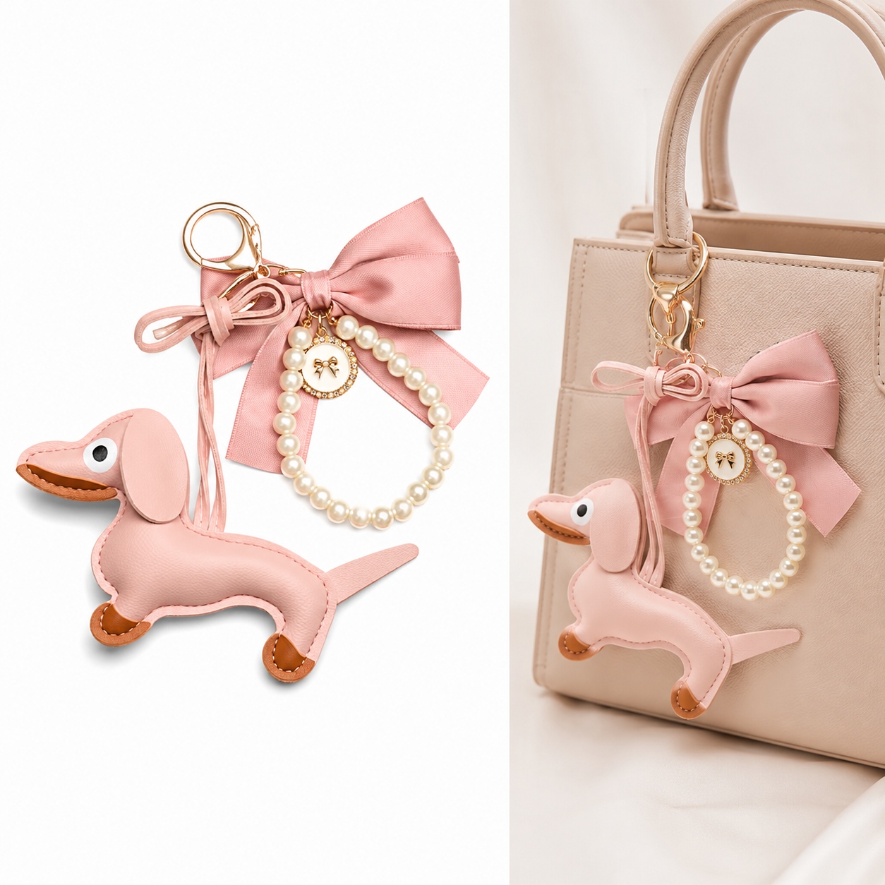 Brelok Jamnik Różowy Do Torebki Kluczy Perełki Elegancka Zawieszka Charms