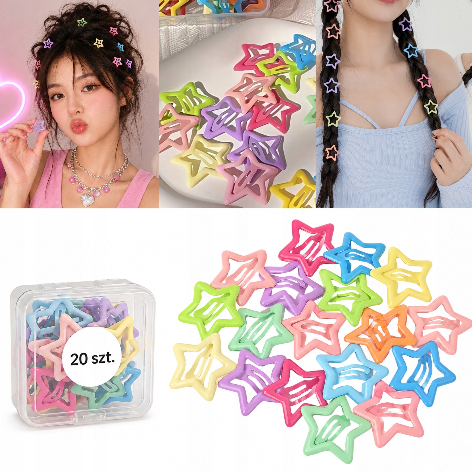 Kolorowe Spinki Do Włosów Star Gwiazdki Pastel Mix 20 Szt Festiwal Y2k