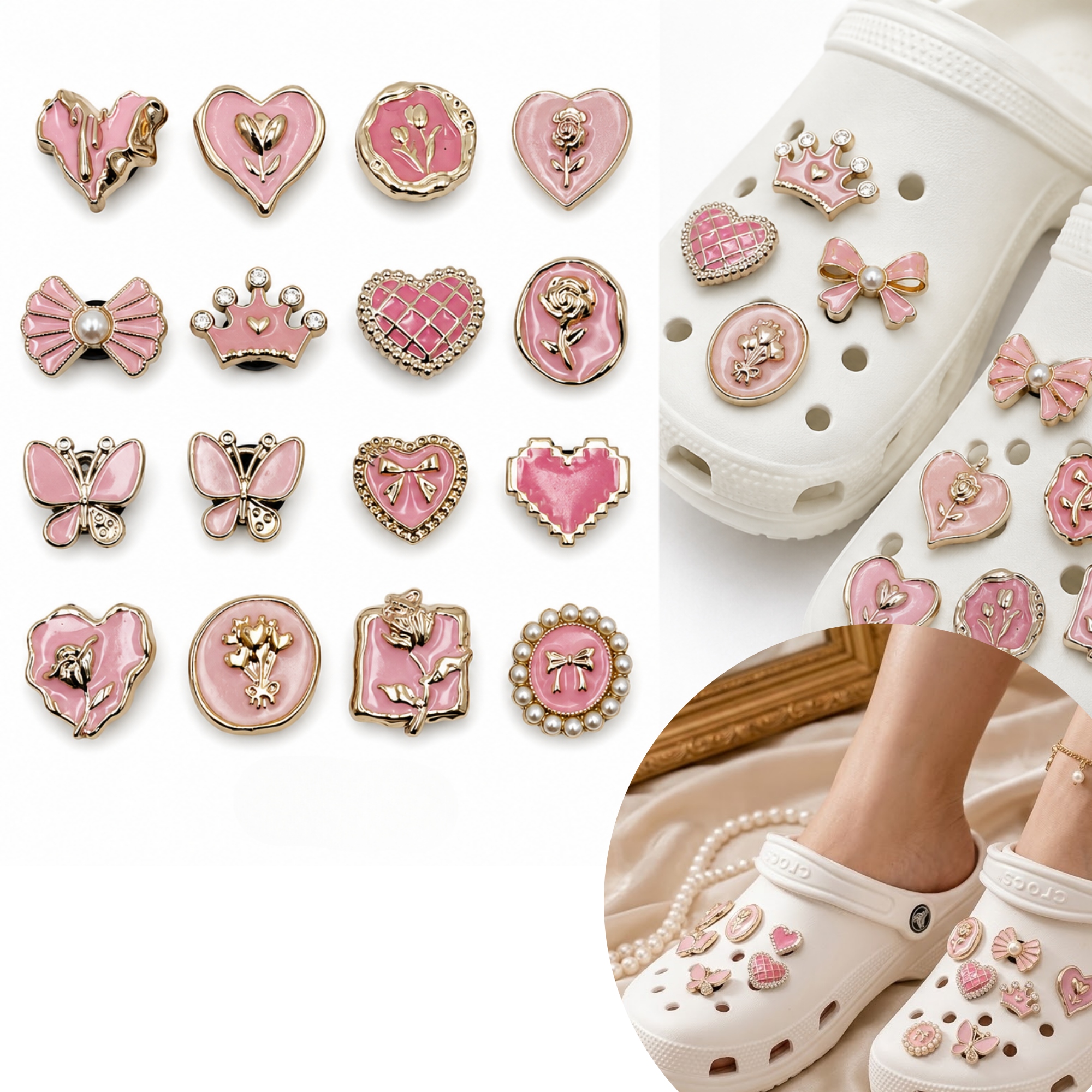 Przypinki Do Butów Glamour Różowe 16 Szt Błyszczące Eleganckie Piny Charms