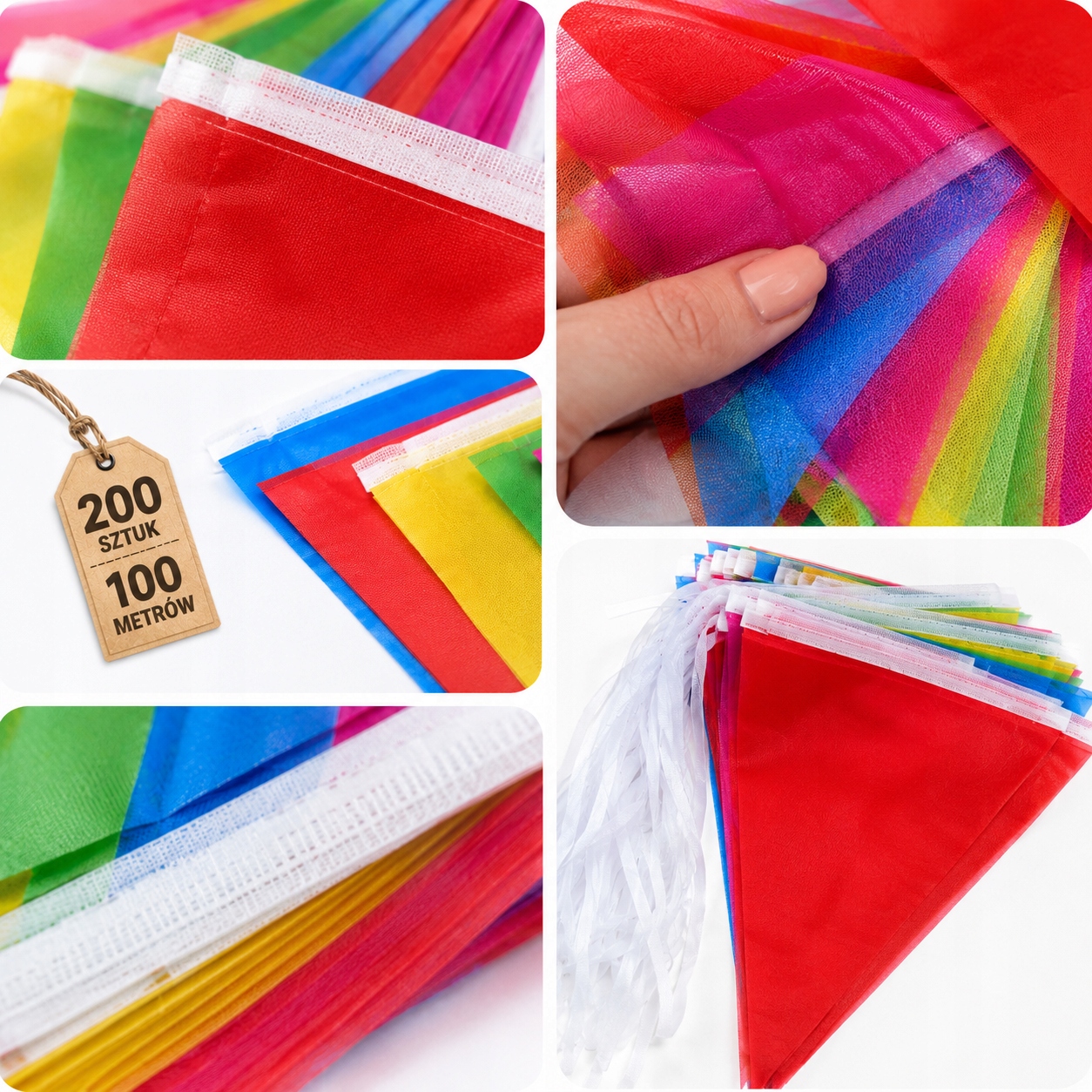 GIRLANDA kolorowa 100 m flagi trójkąty FESTYN piknik, AŻ 200 SZT FLAG TĘCZA