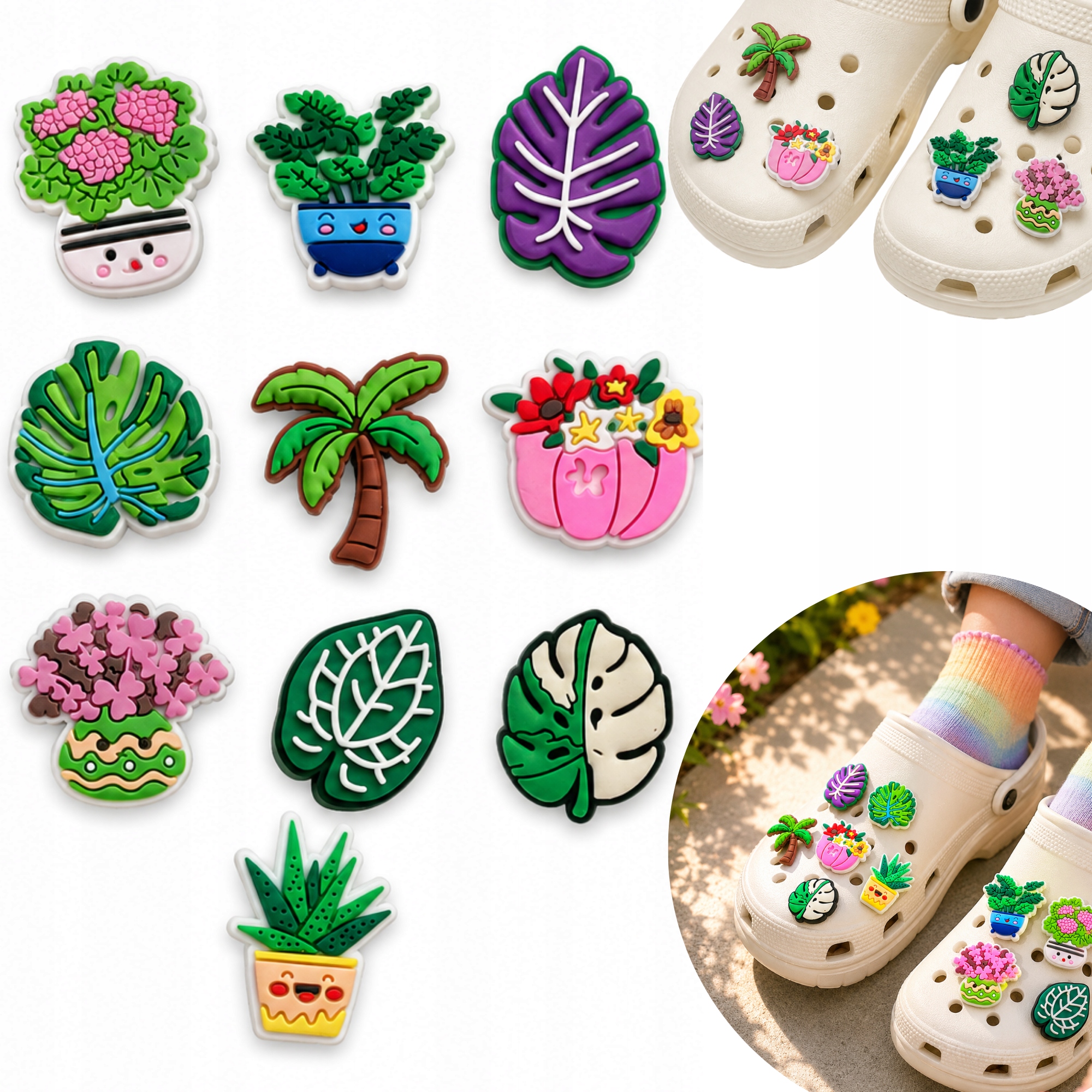 Przypinki Crocs 10 Szt Liście Rośliny Monstera Zielone Ozdoba Piny Charms