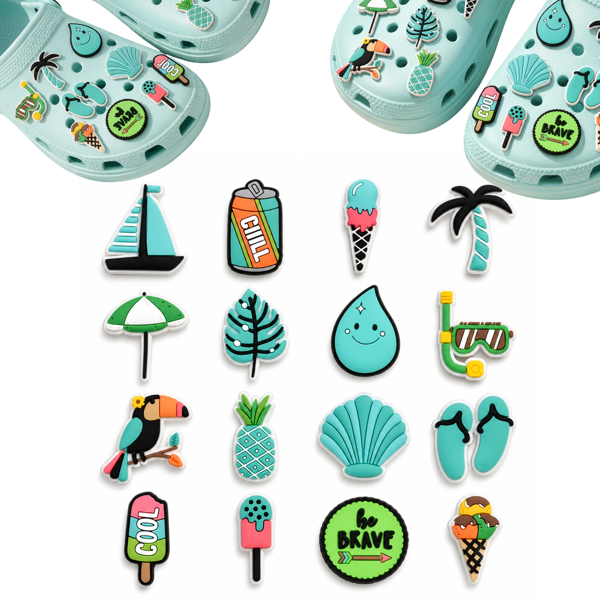 Przypinki do crocs 16 szt TURKUSOWE WAKACYJNE SUMMER VIBE UROCZE WAKACJE