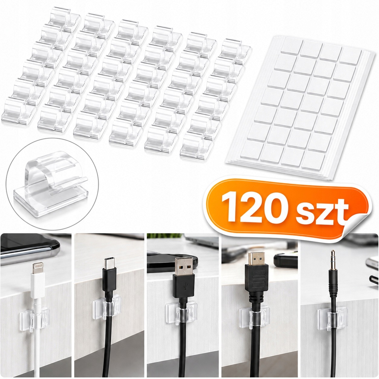 Klipsy Do Kabli Samoprzylepne 120 Szt 1,5 CM Transparentne Zestaw