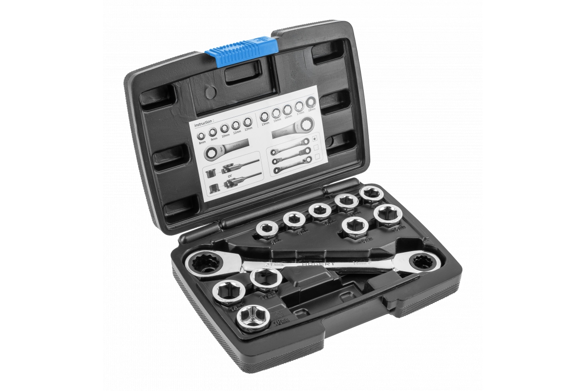 Klucz oczkowy z grzechotką z nasadkami 11 szt. Hoegert Technik HT1R490