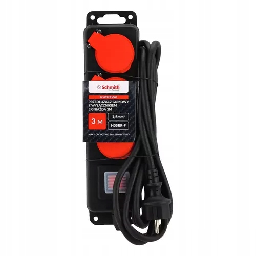 Przedłużacz gumowy z wyłącznikiem 3 gniazda 3m