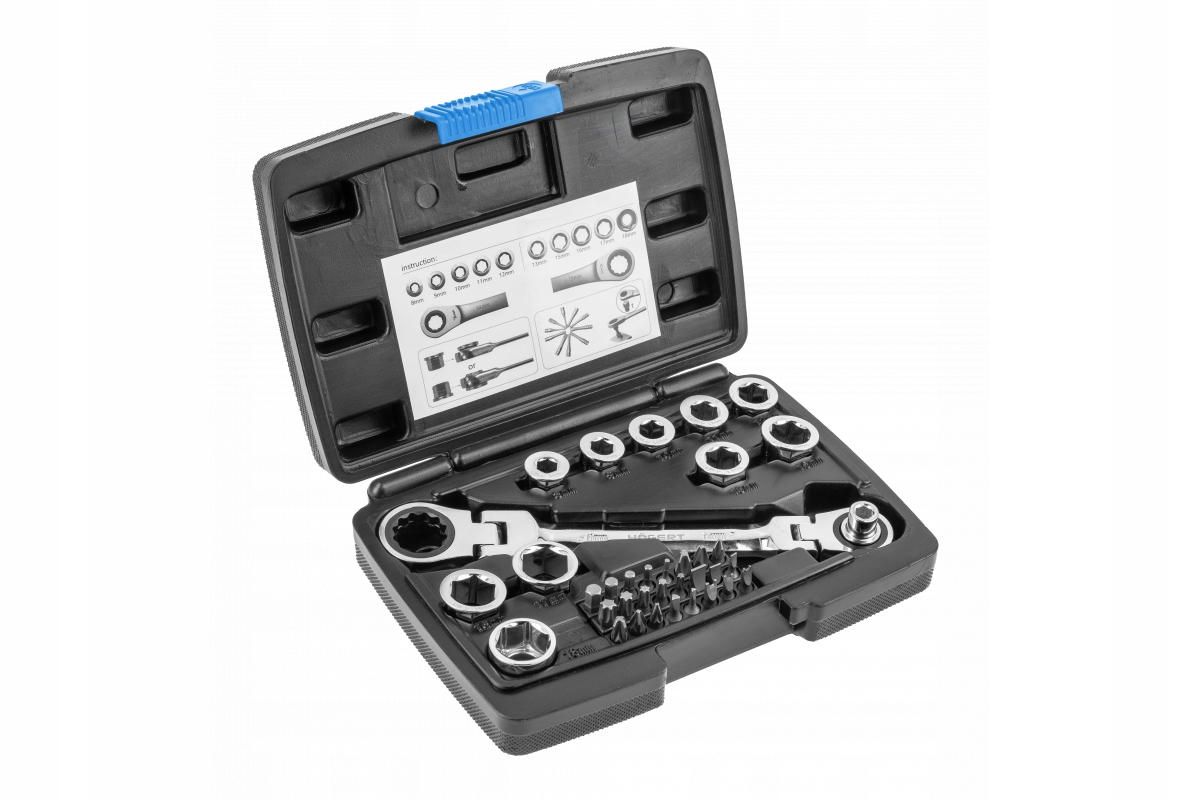 Klucz oczkowy z grzechotką z przegubem i nasadkami Hoegert Technik HT1R491