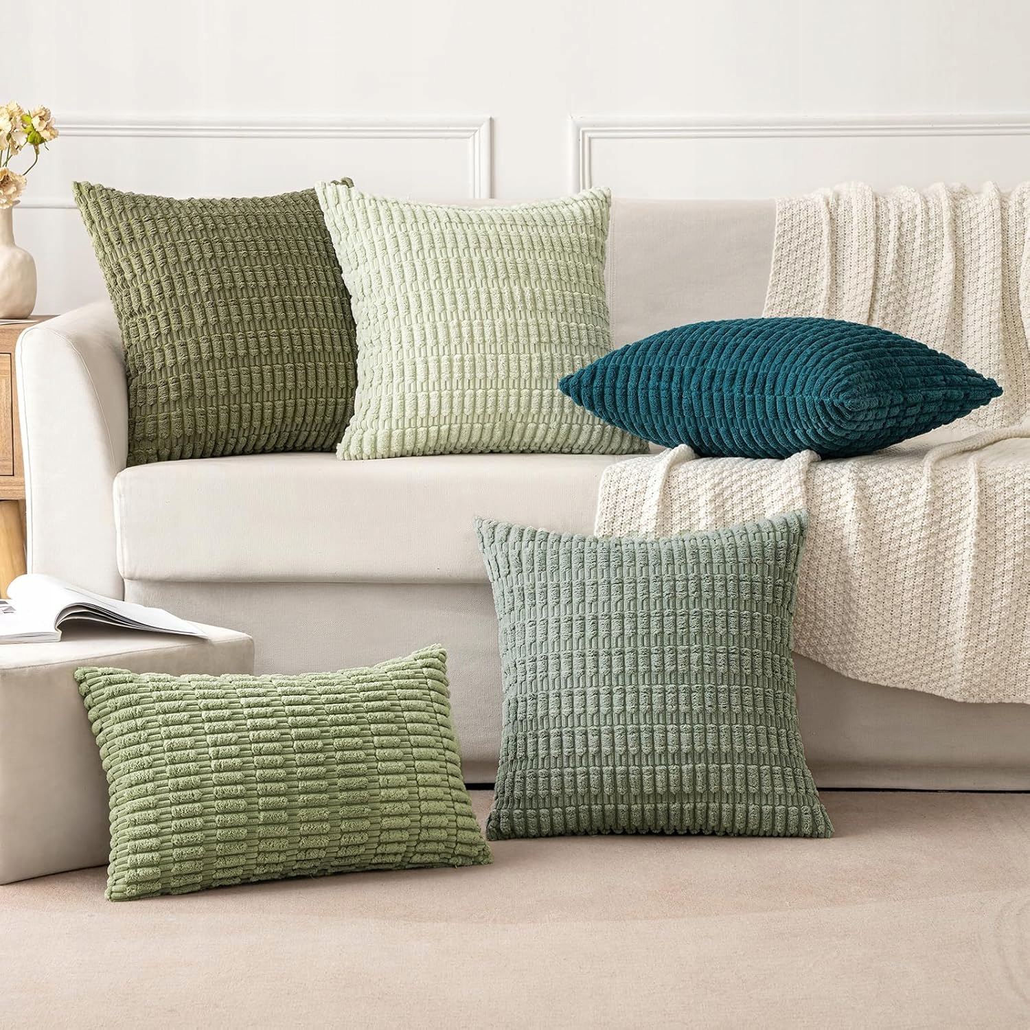 PolarisPL MIULEE Zestaw 2 sztruksowych poszewek na poduszki 40x40 cm - Szaro-zielony