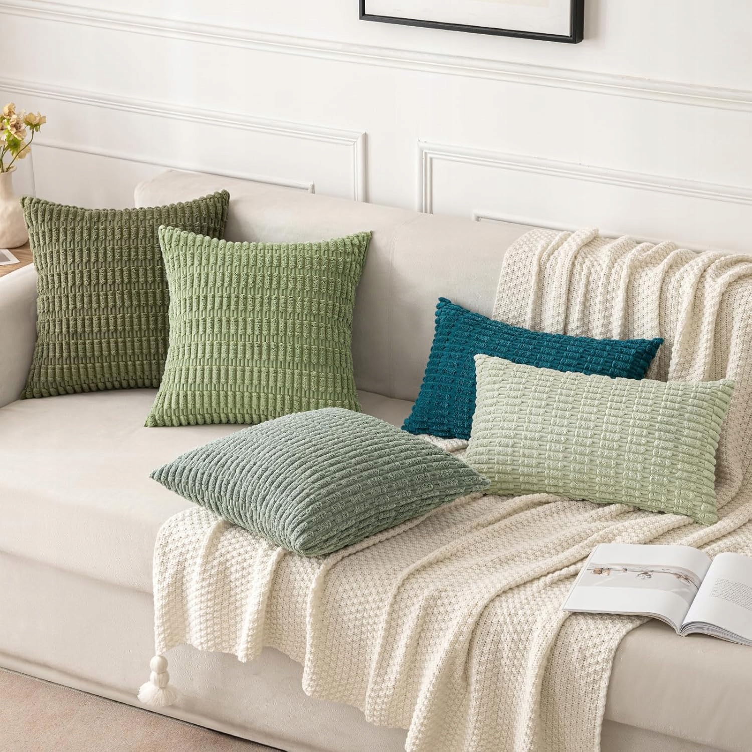 PolarisPL MIULEE Zestaw 2 sztruksowych poszewek na poduszki 40x40 cm - Szaro-zielony