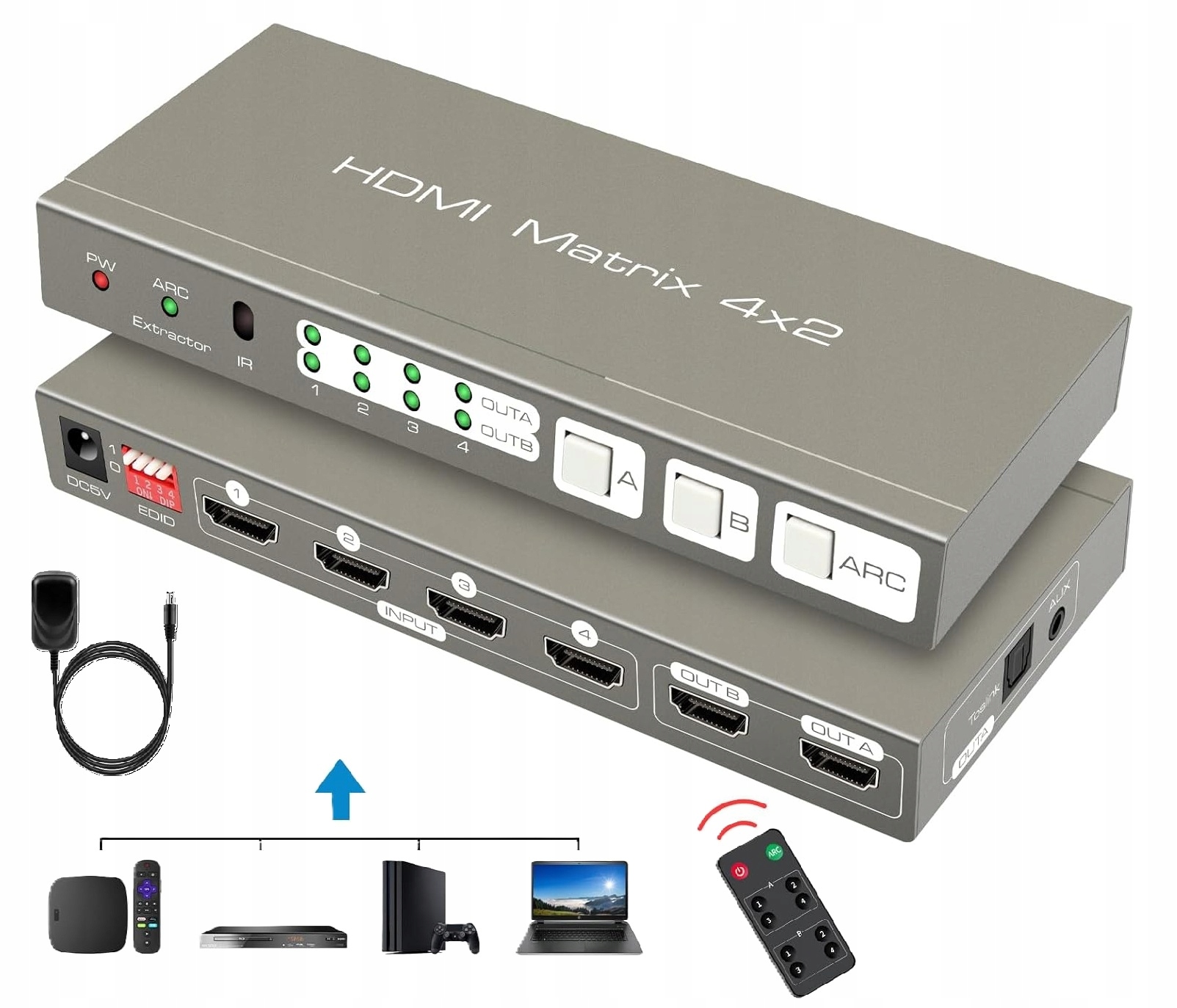 Matrix Switch 4X2 Splitter Hdmi 4K 60Hz Hdr10 Arc Audio Ekstraktor Pilot