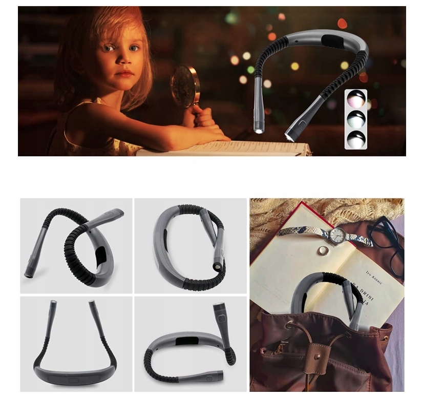 Wielofunkcyjna Lampka Led Do Czytania Książek 3 Barwy Elastyczna Akumulator