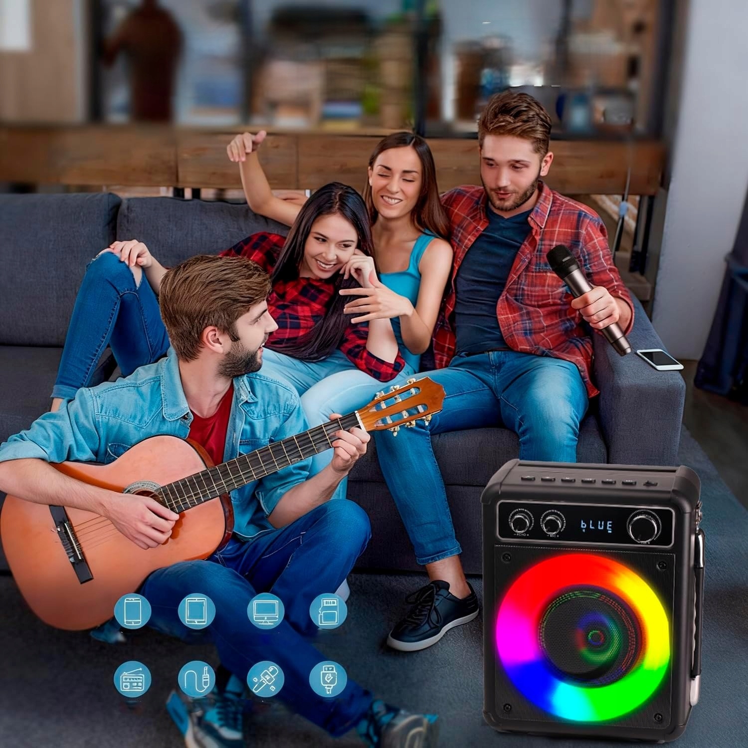 Karaoke Zestaw Bluetooth Głośnik Bezprzewodowy Dwa Mikrofony Światła Led
