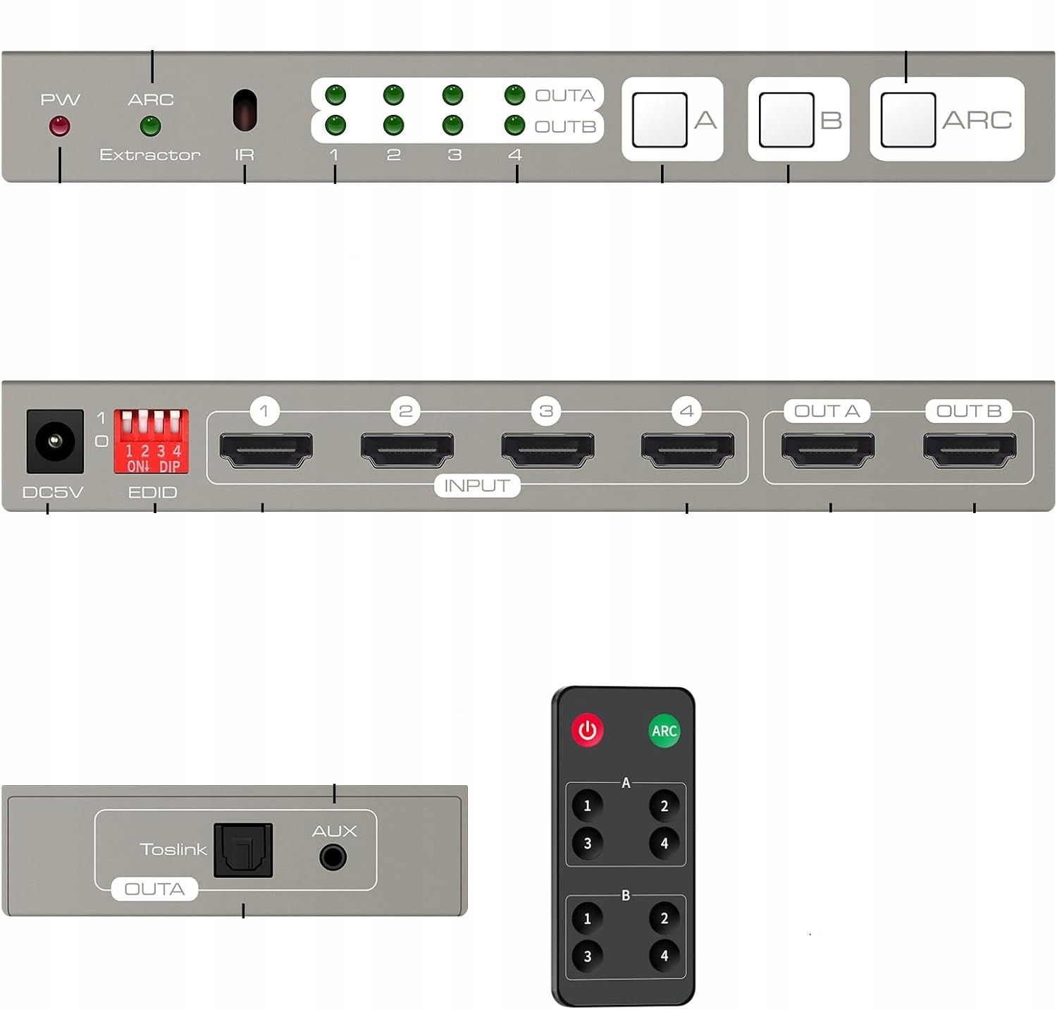 Matrix Switch 4X2 Splitter Hdmi 4K 60Hz Hdr10 Arc Audio Ekstraktor Pilot
